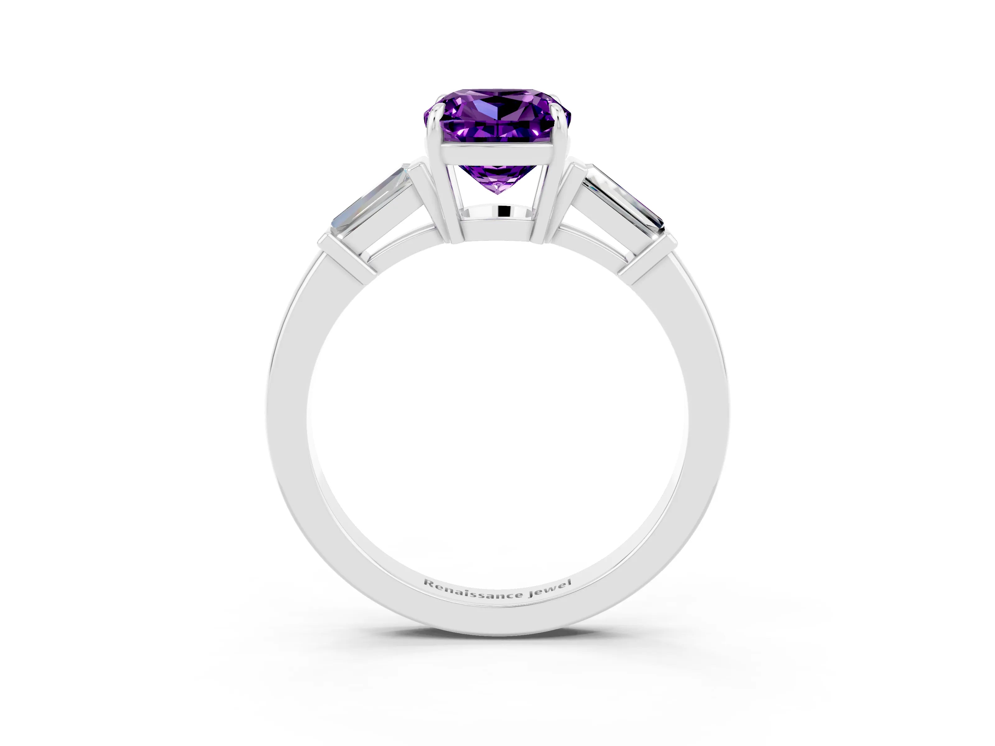 White gold Cushion Cut Cut Diamond Ring with Tapered Baguette Side Stones in Four-Prong Setting_3