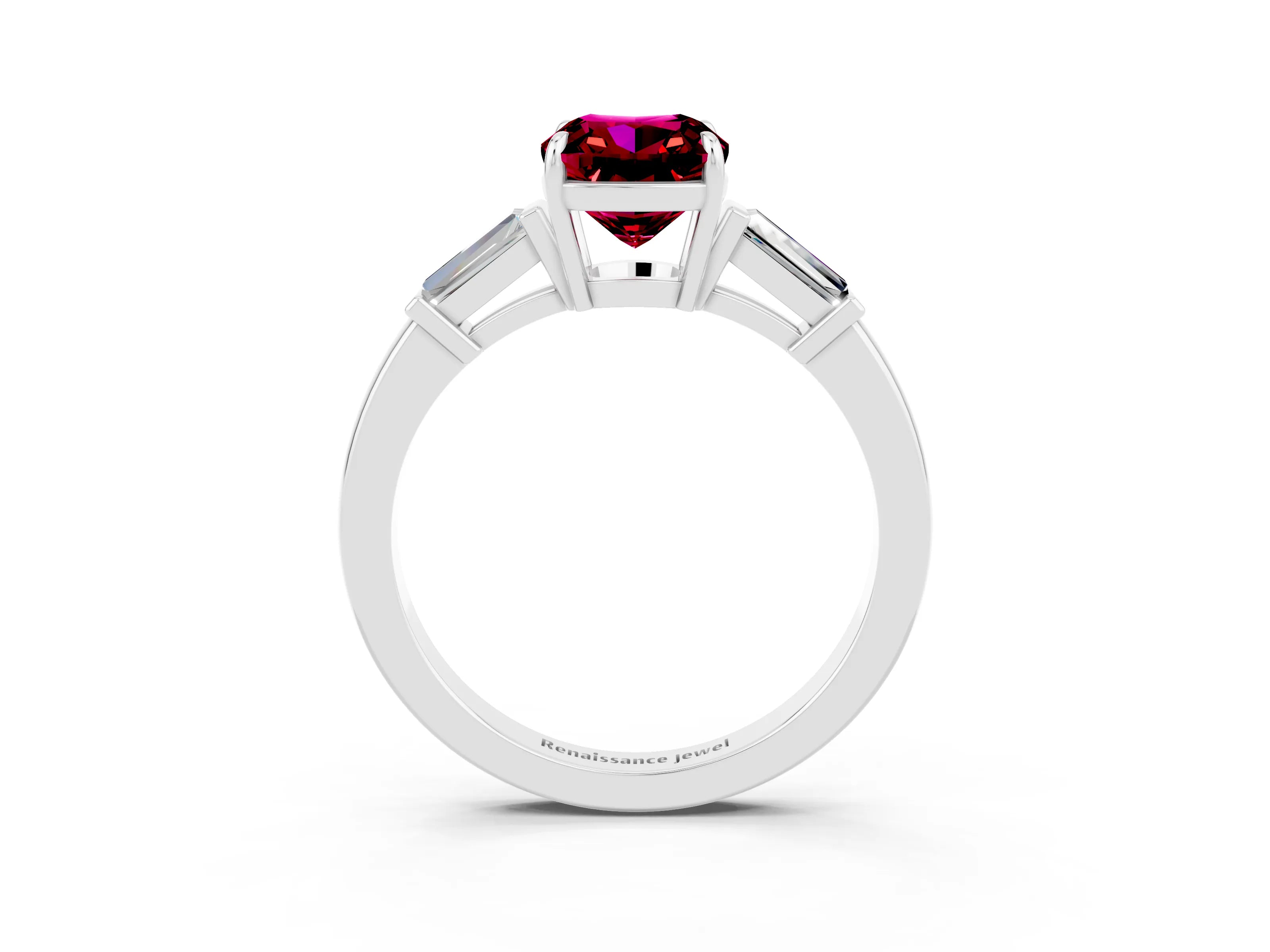 White gold Cushion Cut Cut Diamond Ring with Tapered Baguette Side Stones in Four-Prong Setting_3