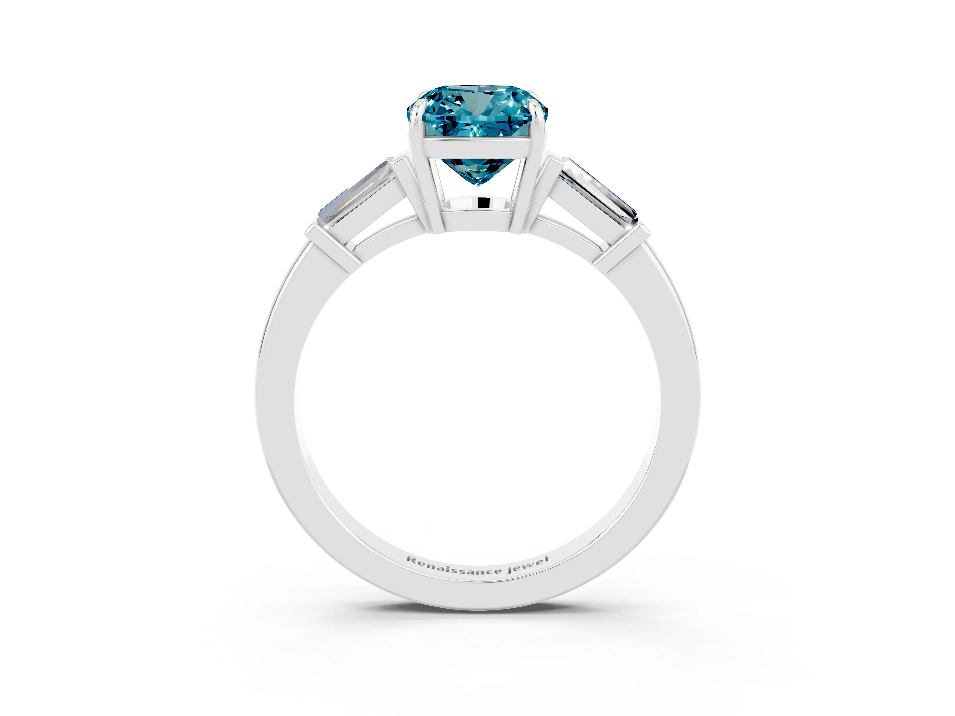 White gold Cushion Cut Cut Diamond Ring with Tapered Baguette Side Stones in Four-Prong Setting_3