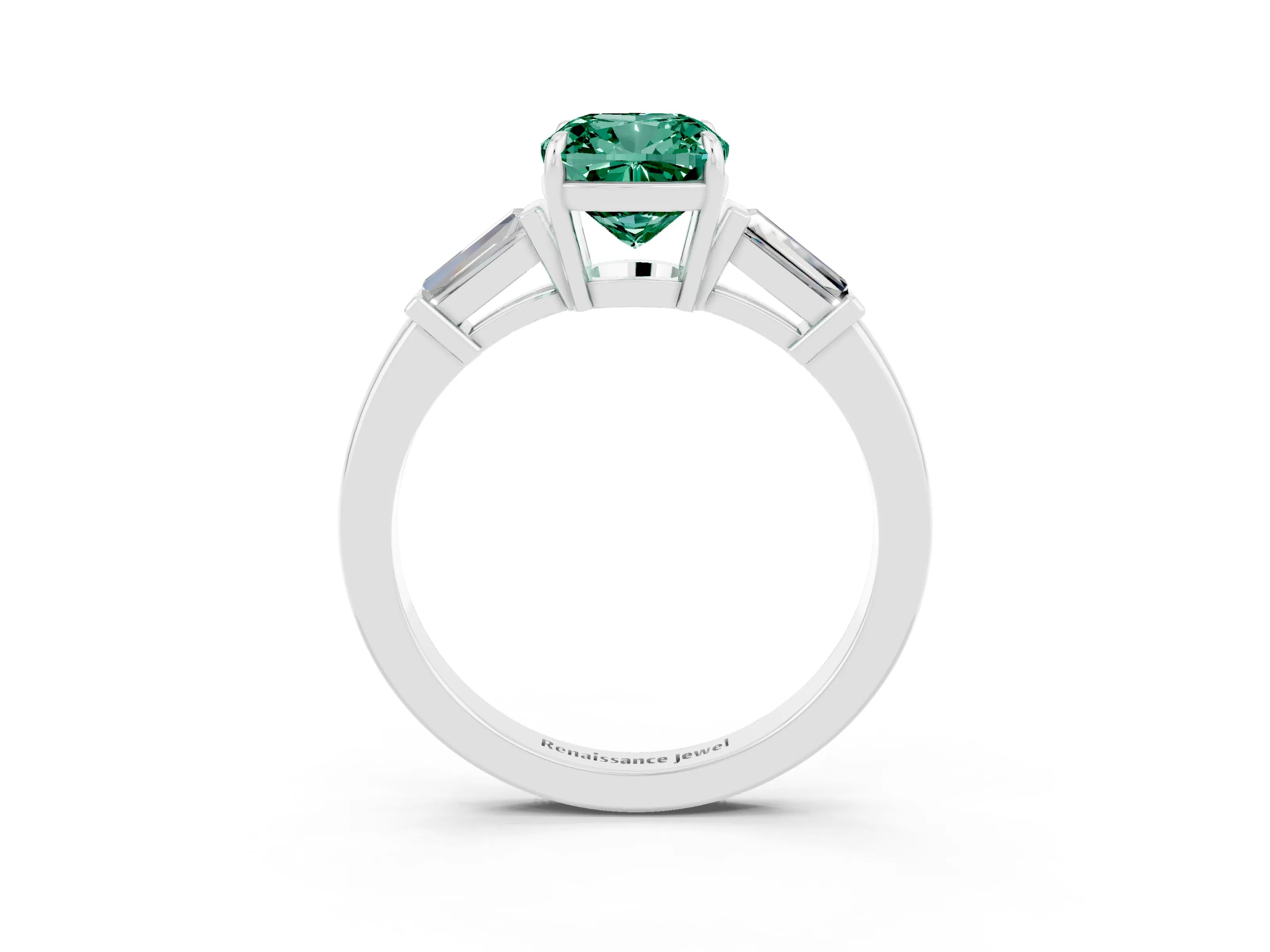 White gold Cushion Cut Cut Diamond Ring with Tapered Baguette Side Stones in Four-Prong Setting_3