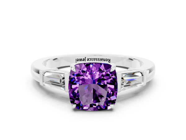 White gold Cushion Cut Amethyst Three-Stone Ring with Tapered Baguette Side Stones and Prong Setting