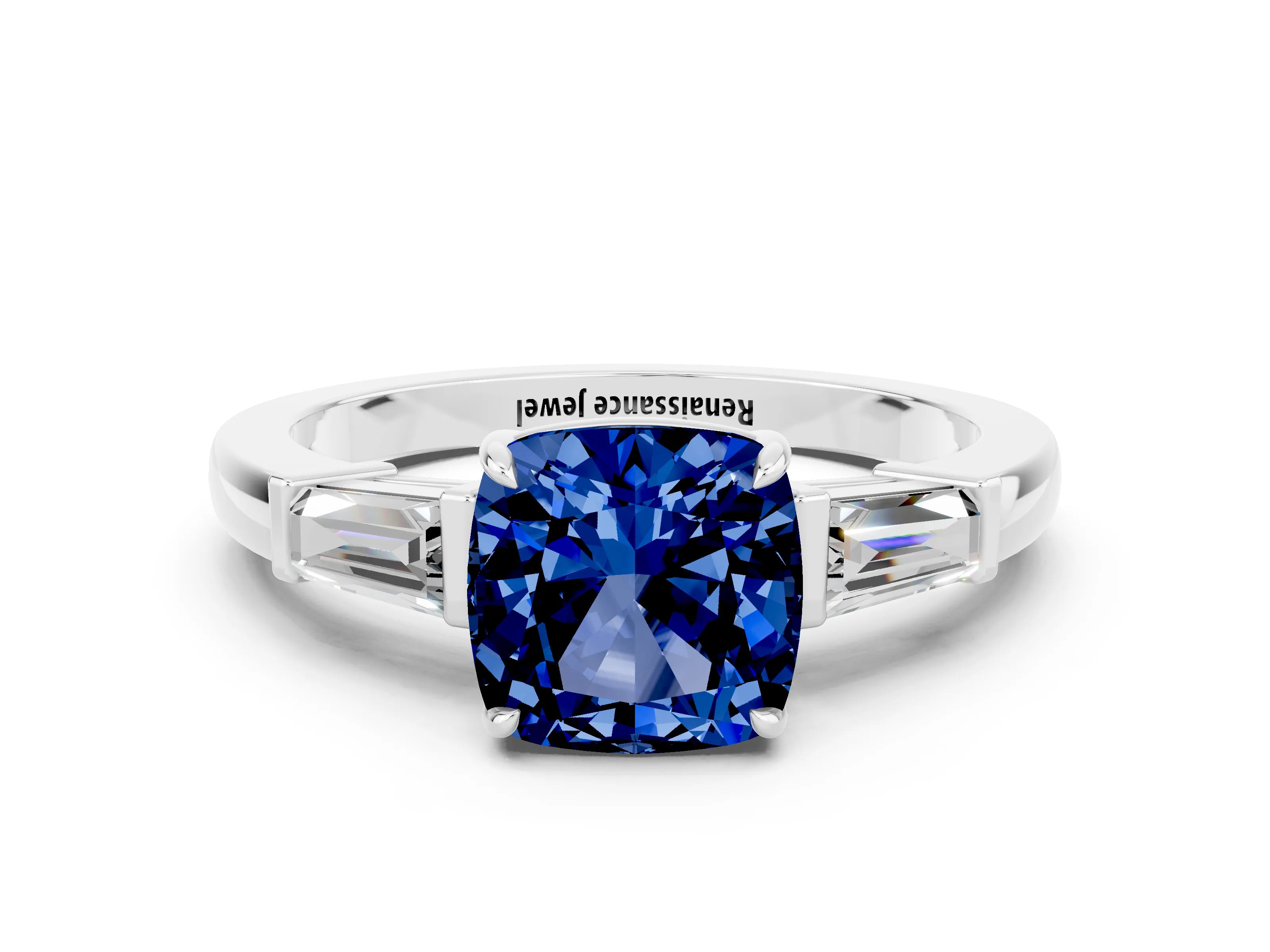 White gold Cushion Cut Cut Diamond Ring with Tapered Baguette Side Stones in Four-Prong Setting