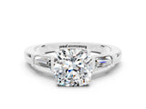 White gold Cushion Cut Cut Diamond Ring with Tapered Baguette Side Stones in Four-Prong Setting