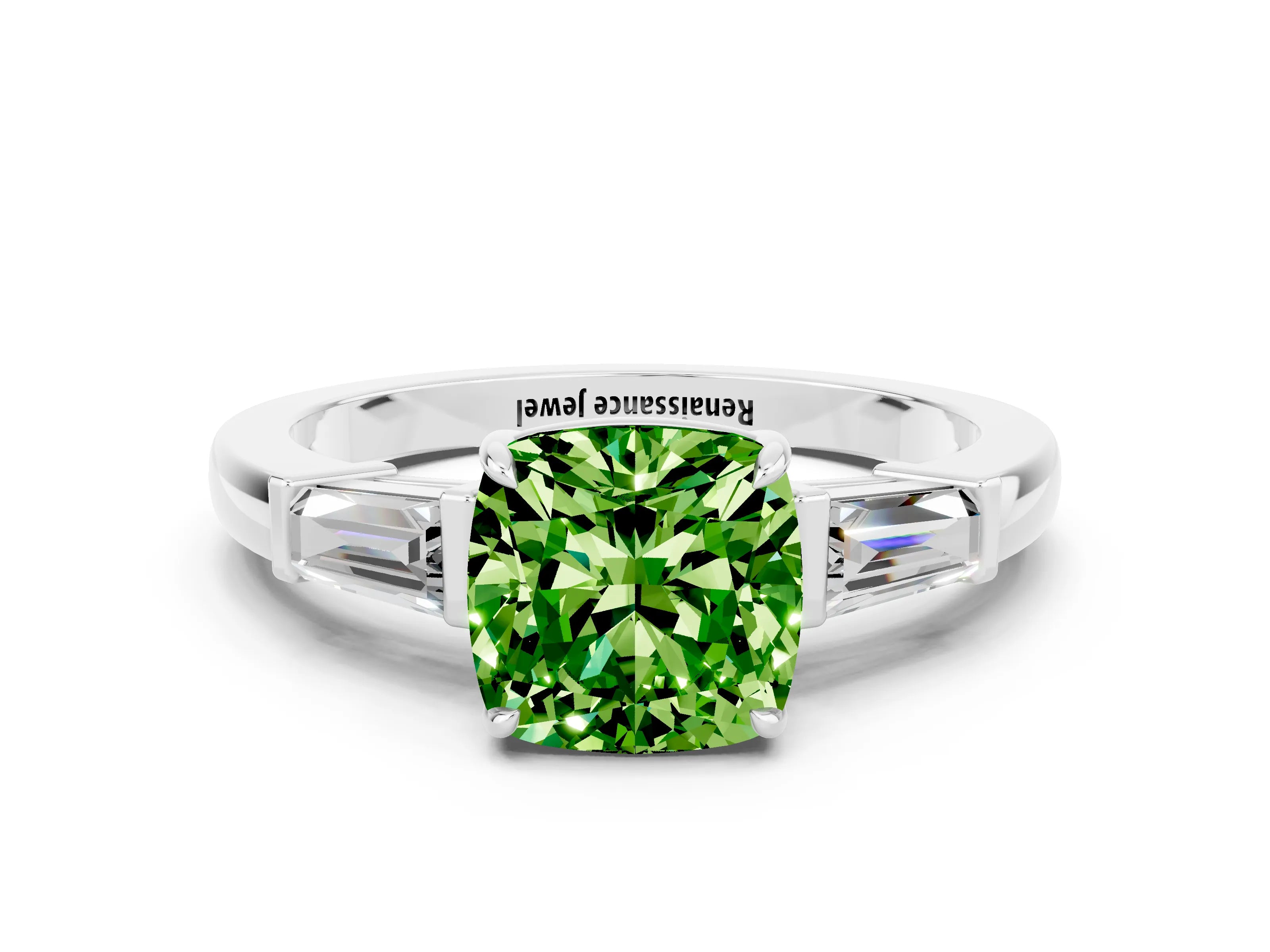 White gold Cushion Cut Cut Diamond Ring with Tapered Baguette Side Stones in Four-Prong Setting