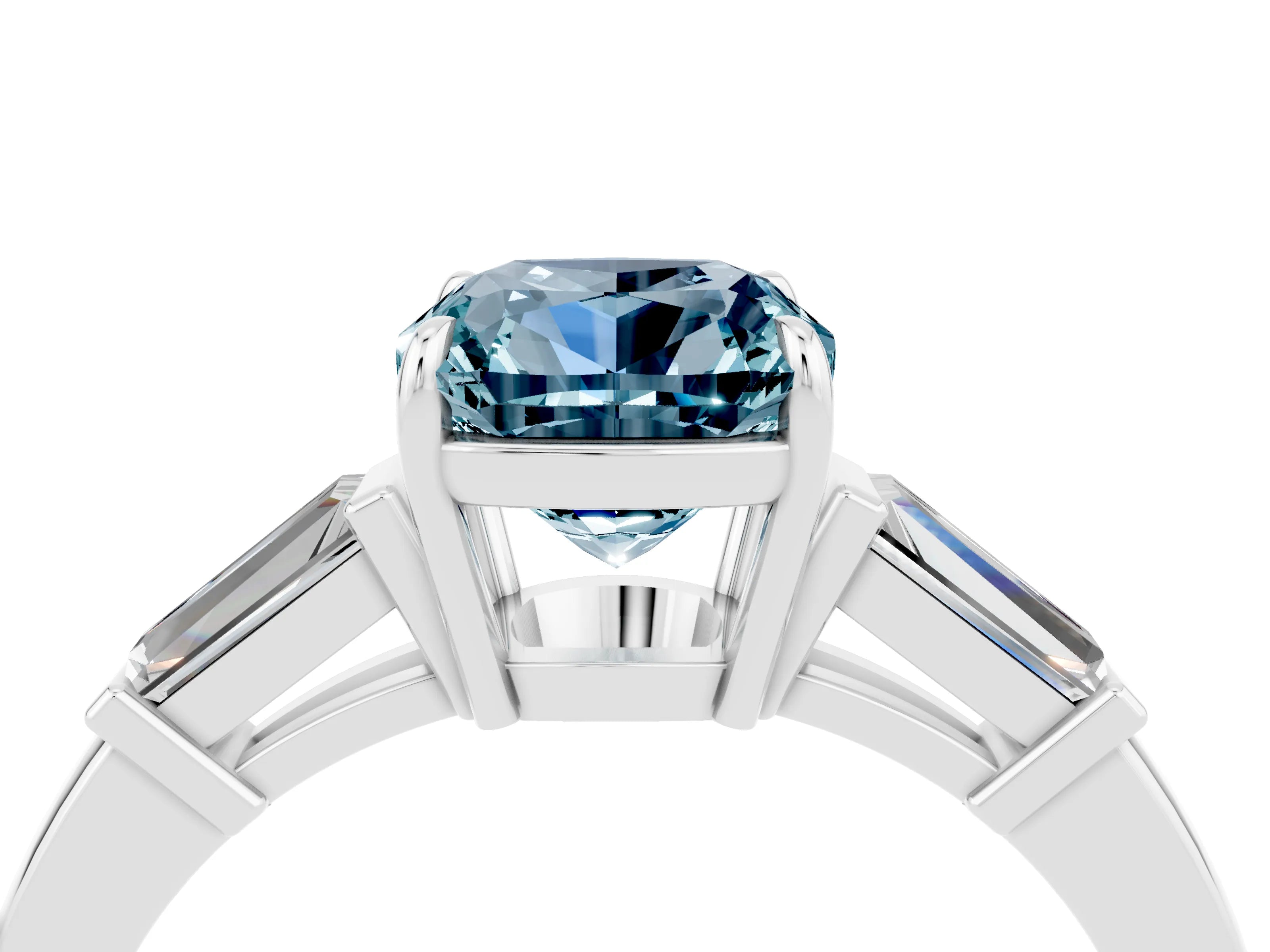 White gold Cushion Cut Cut Diamond Ring with Tapered Baguette Side Stones in Four-Prong Setting_4