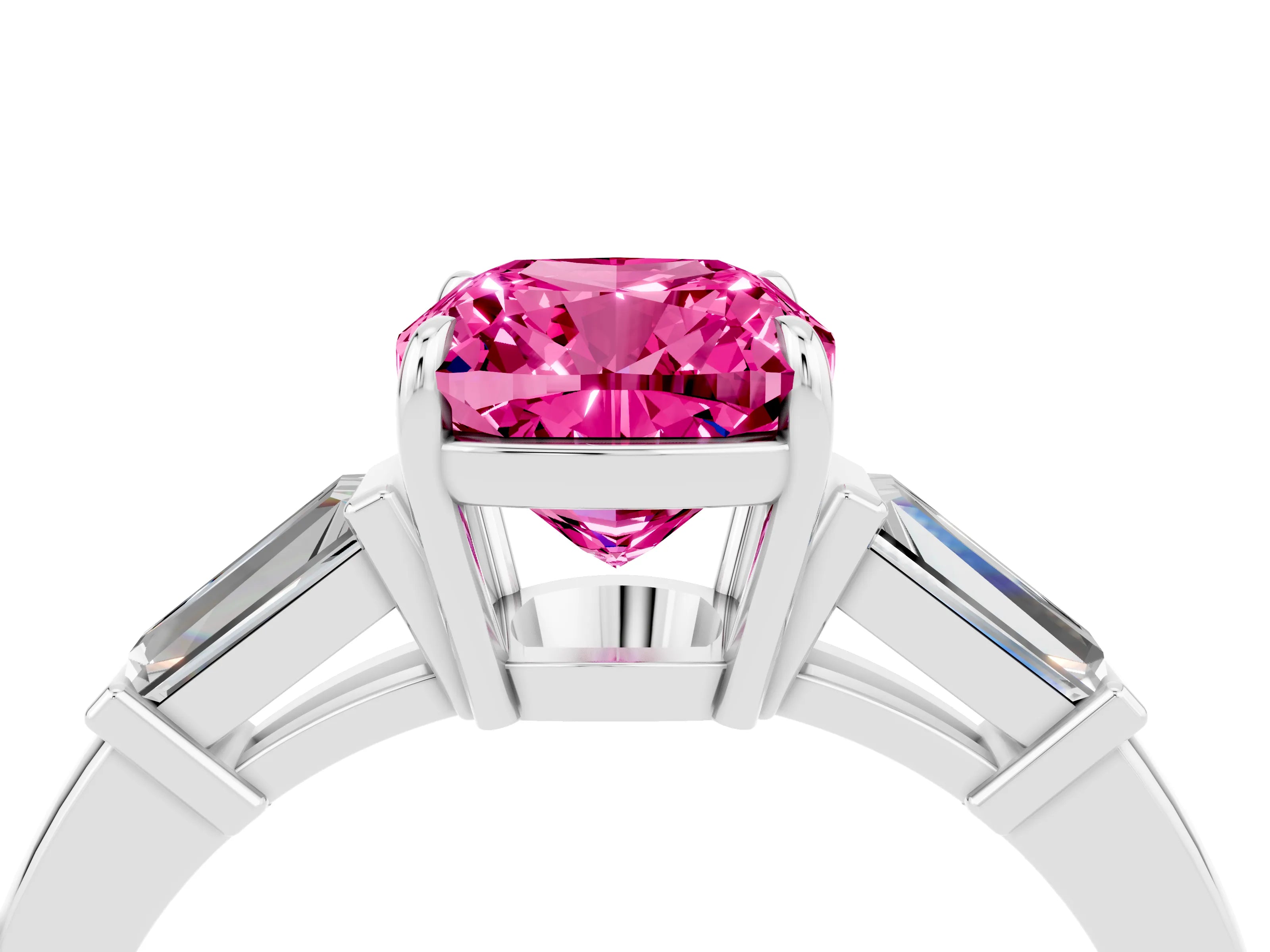White gold Cushion Cut Cut Diamond Ring with Tapered Baguette Side Stones in Four-Prong Setting_4