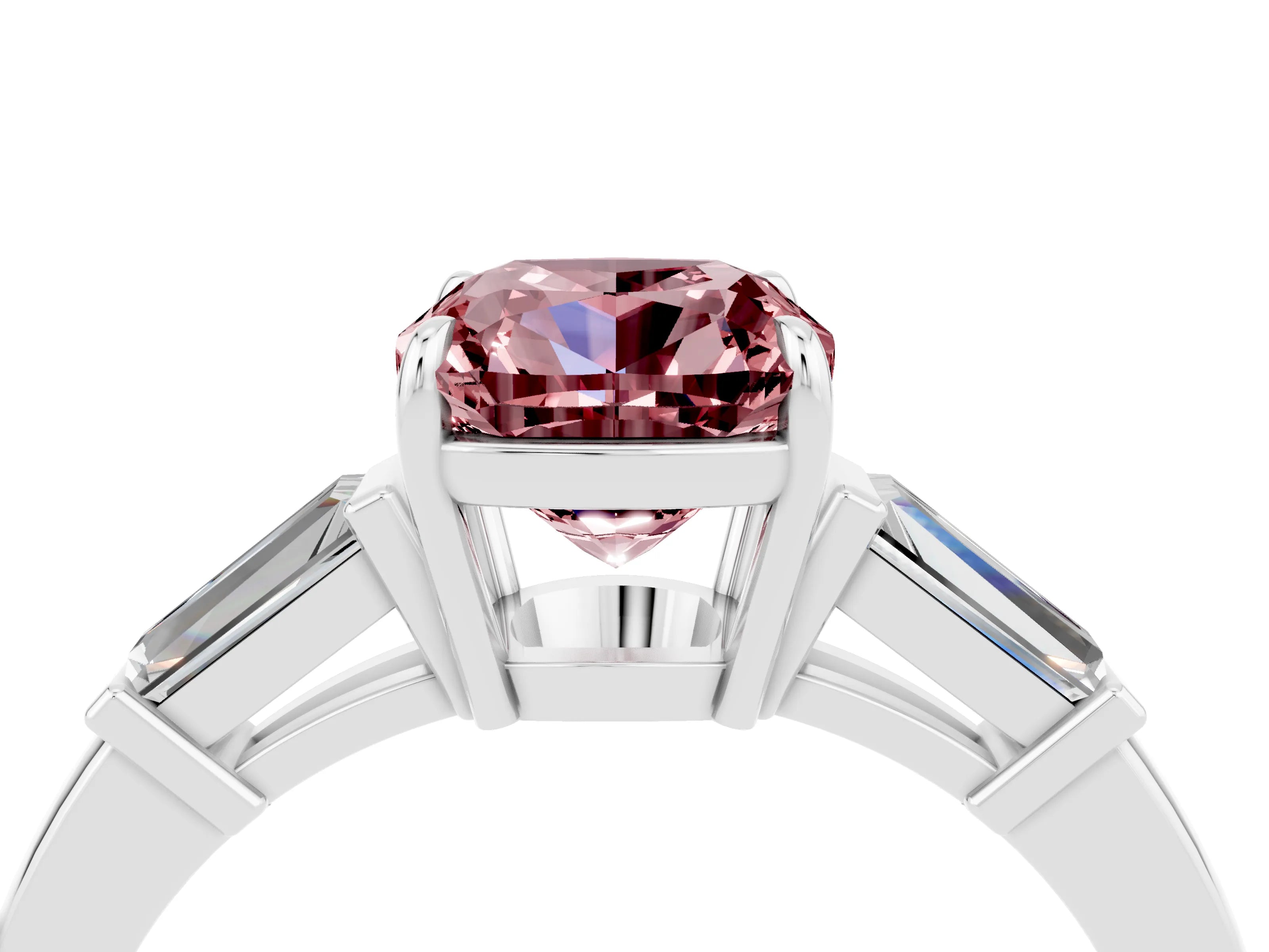 White gold Cushion Cut Cut Diamond Ring with Tapered Baguette Side Stones in Four-Prong Setting_4