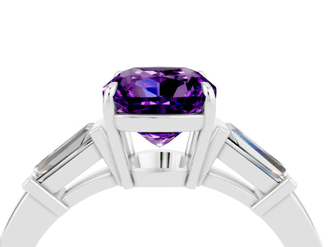 White gold Cushion Cut Cut Diamond Ring with Tapered Baguette Side Stones in Four-Prong Setting_4