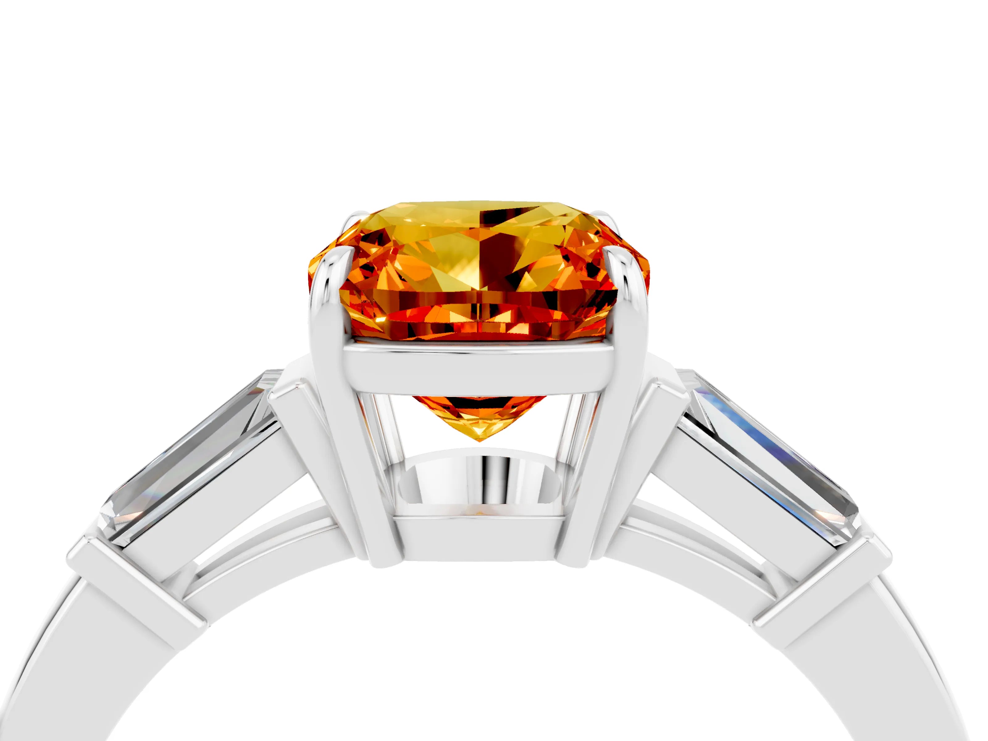 White gold Cushion Cut Cut Diamond Ring with Tapered Baguette Side Stones in Four-Prong Setting_4