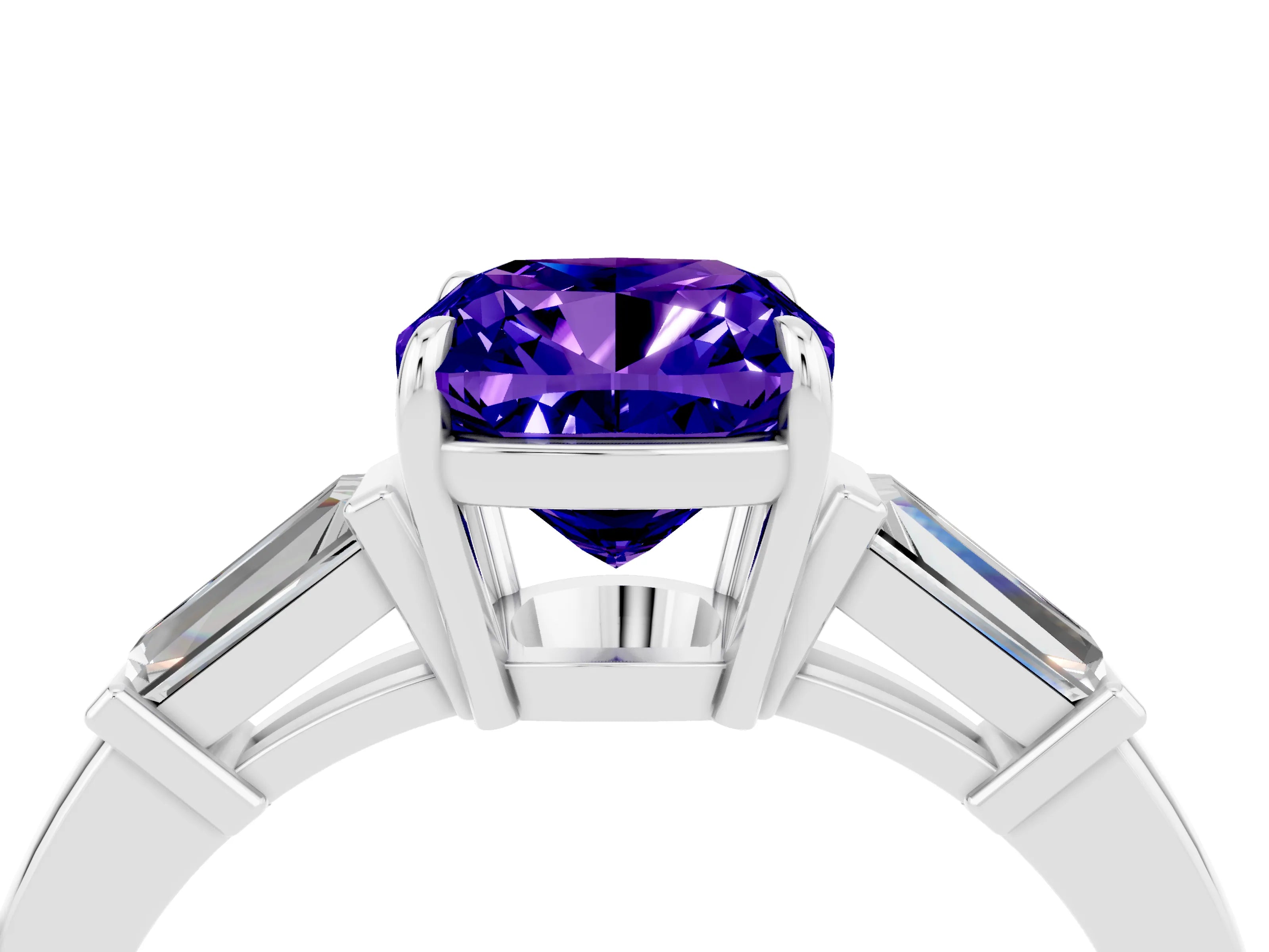White gold Cushion Cut Cut Diamond Ring with Tapered Baguette Side Stones in Four-Prong Setting_4