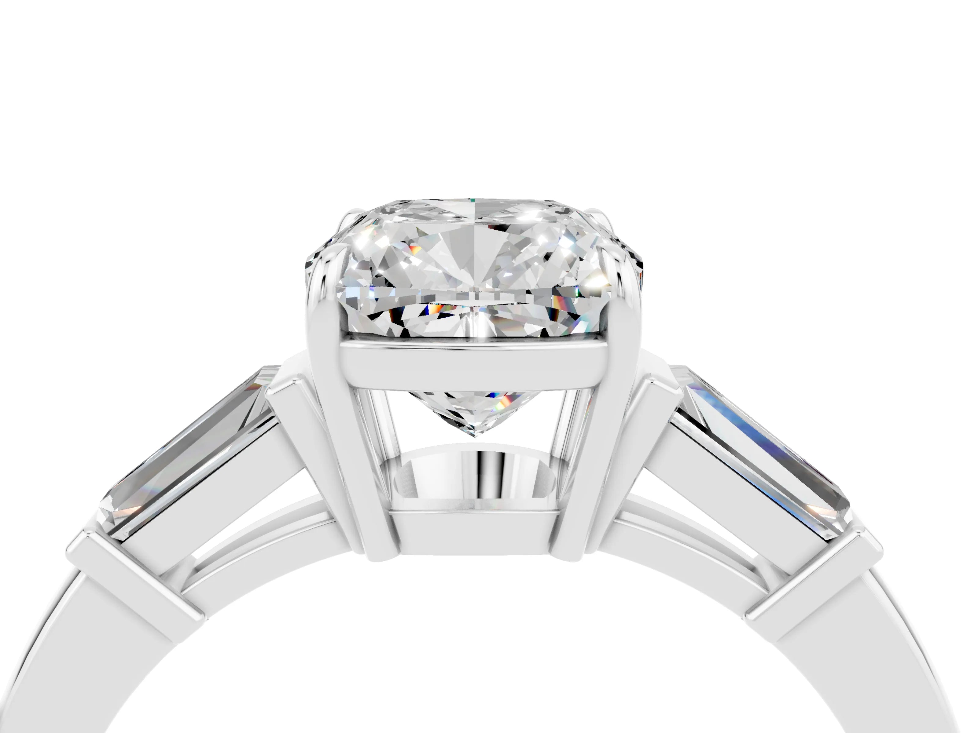 White gold Cushion Cut Cut Diamond Ring with Tapered Baguette Side Stones in Four-Prong Setting_4