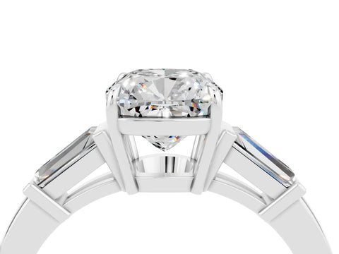 White gold Cushion Cut Cut Diamond Ring with Tapered Baguette Side Stones in Four-Prong Setting_4