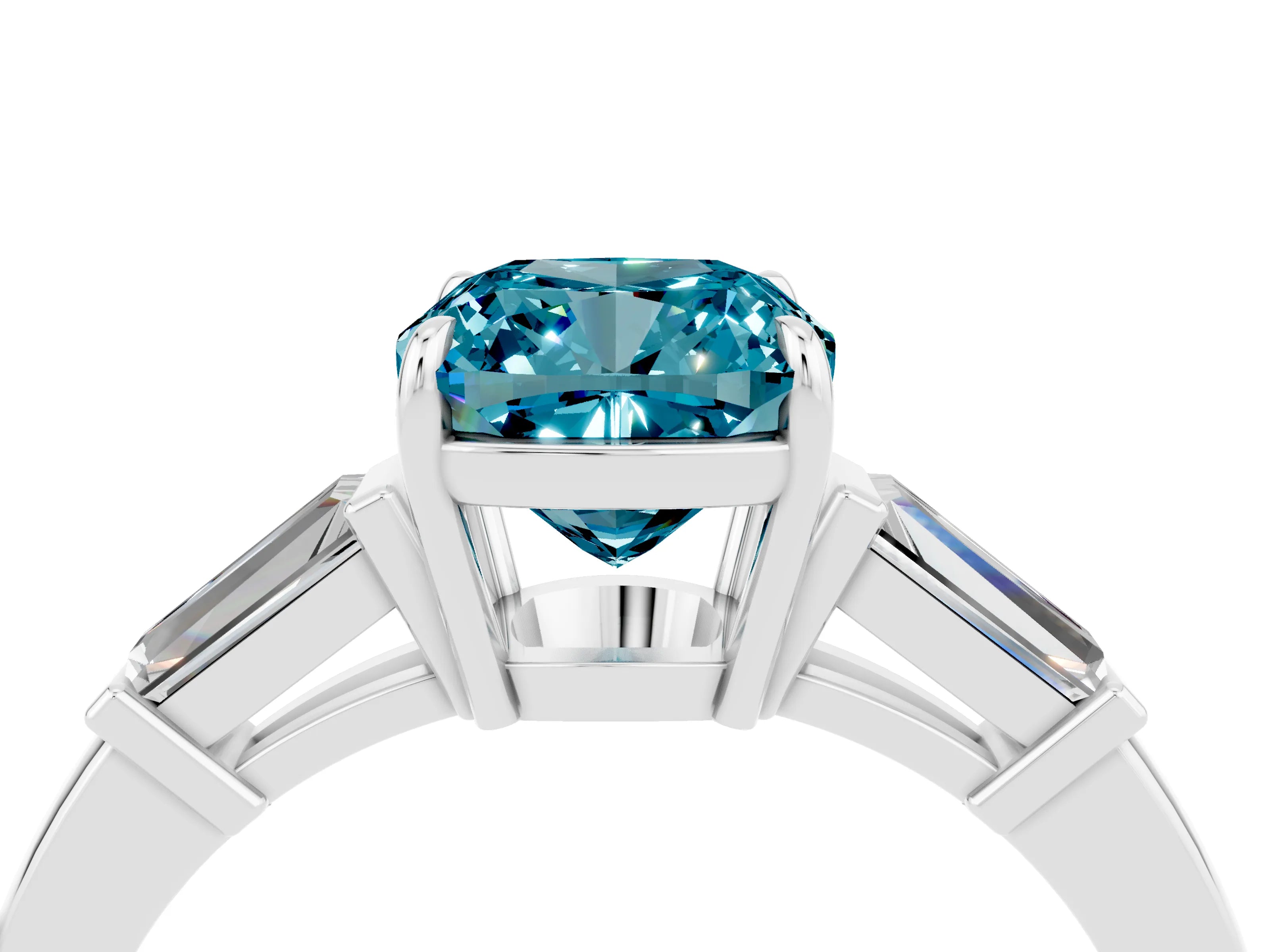 White gold Cushion Cut Cut Diamond Ring with Tapered Baguette Side Stones in Four-Prong Setting_4