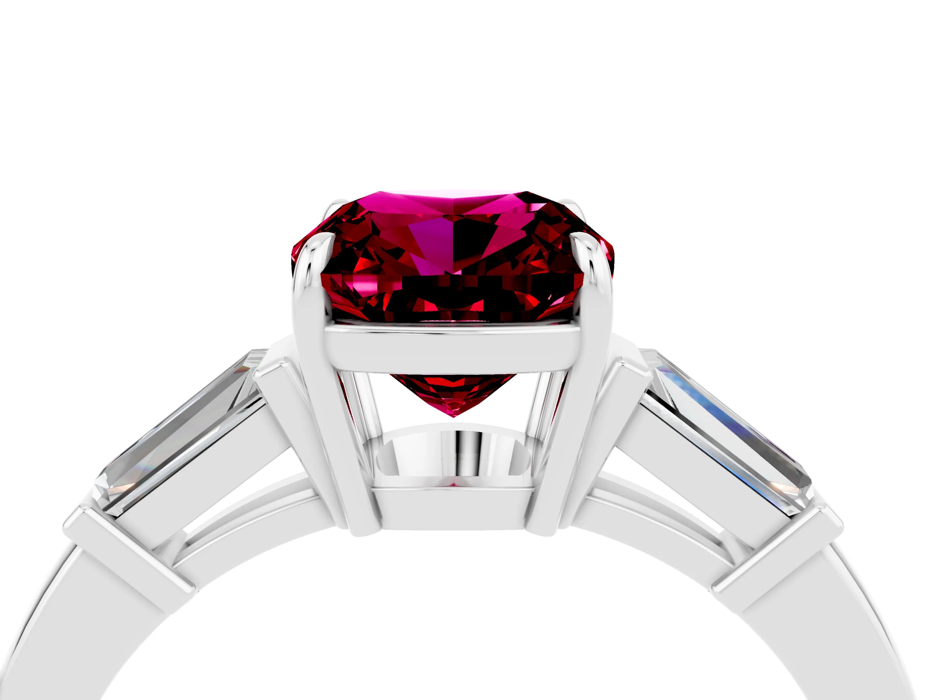 White gold Cushion Cut Cut Diamond Ring with Tapered Baguette Side Stones in Four-Prong Setting_4