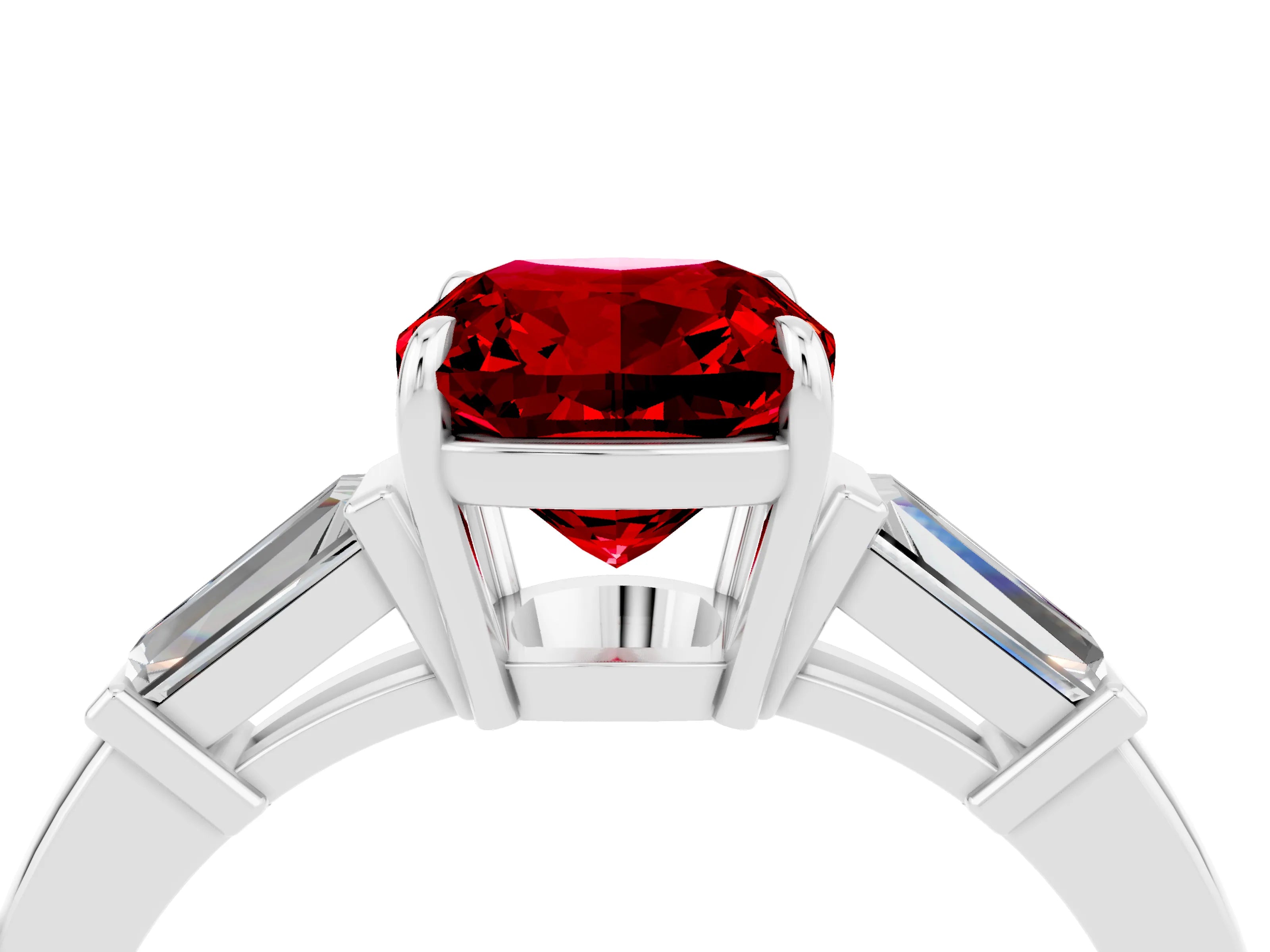 White gold Cushion Cut Cut Diamond Ring with Tapered Baguette Side Stones in Four-Prong Setting_4