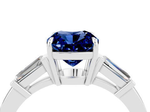 White gold Cushion Cut Cut Diamond Ring with Tapered Baguette Side Stones in Four-Prong Setting_4