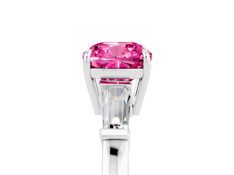 White gold Cushion Cut Cut Diamond Ring with Tapered Baguette Side Stones in Four-Prong Setting_5