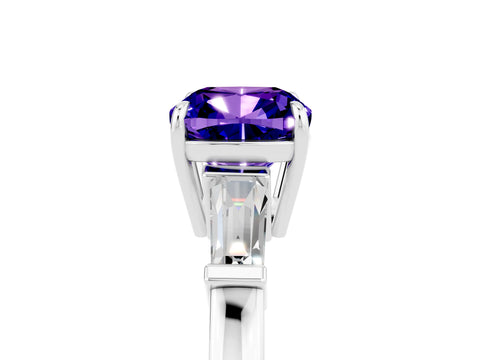 White gold Cushion Cut Cut Diamond Ring with Tapered Baguette Side Stones in Four-Prong Setting_5