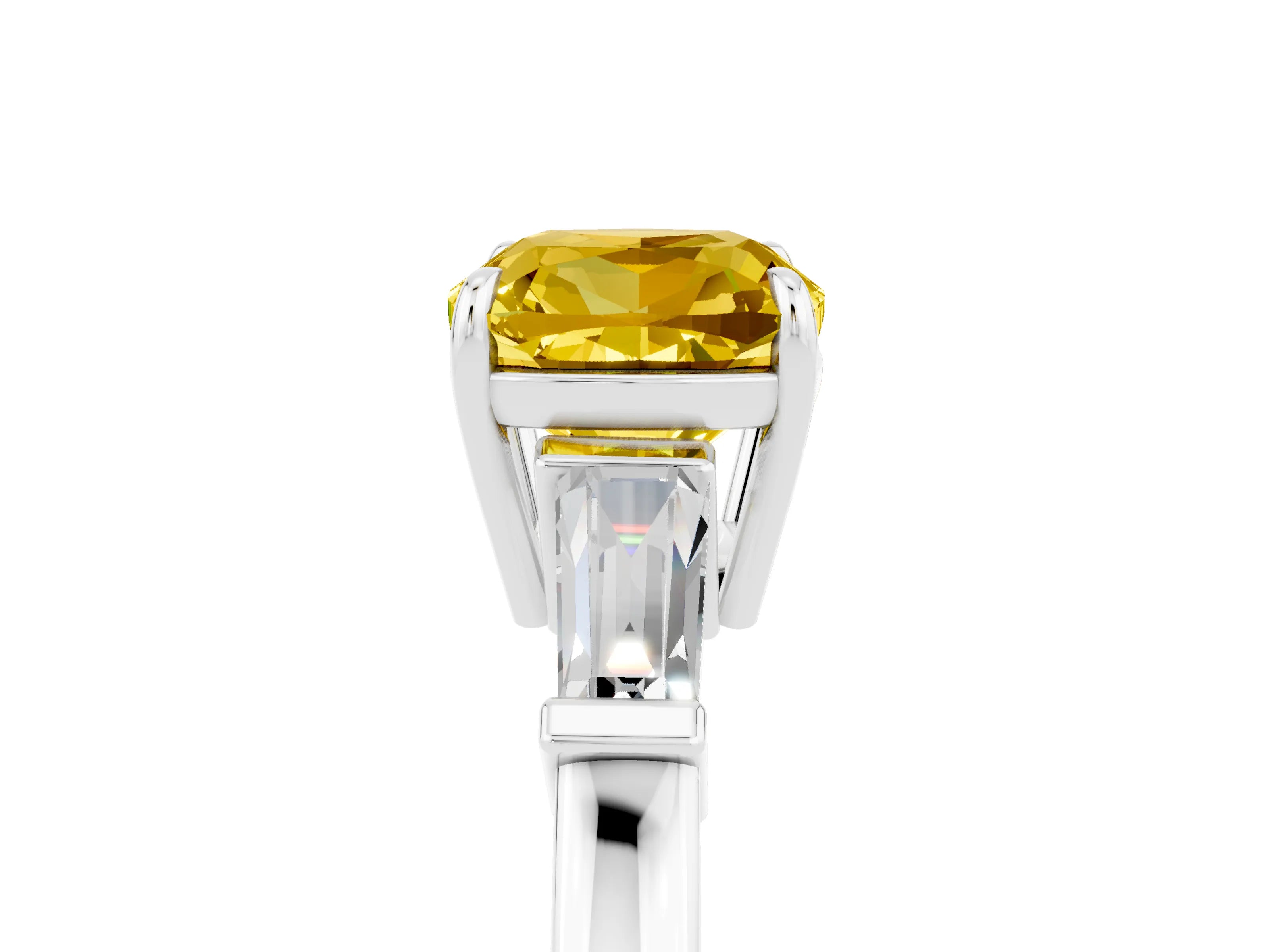 White gold Cushion Cut Cut Diamond Ring with Tapered Baguette Side Stones in Four-Prong Setting_5