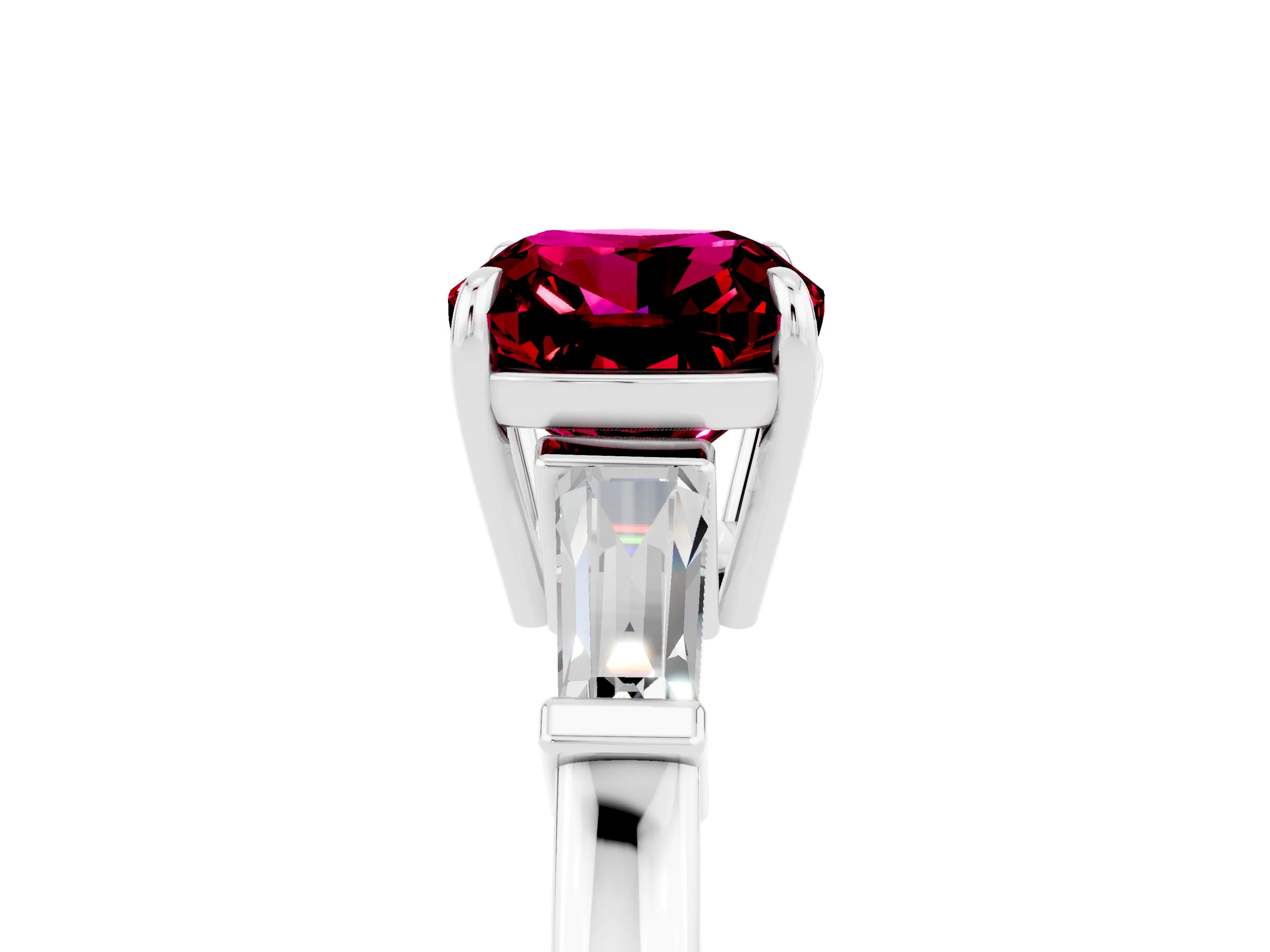 White gold Cushion Cut Cut Diamond Ring with Tapered Baguette Side Stones in Four-Prong Setting_5