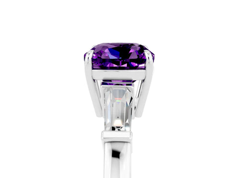 White gold Cushion Cut Cut Diamond Ring with Tapered Baguette Side Stones in Four-Prong Setting_5
