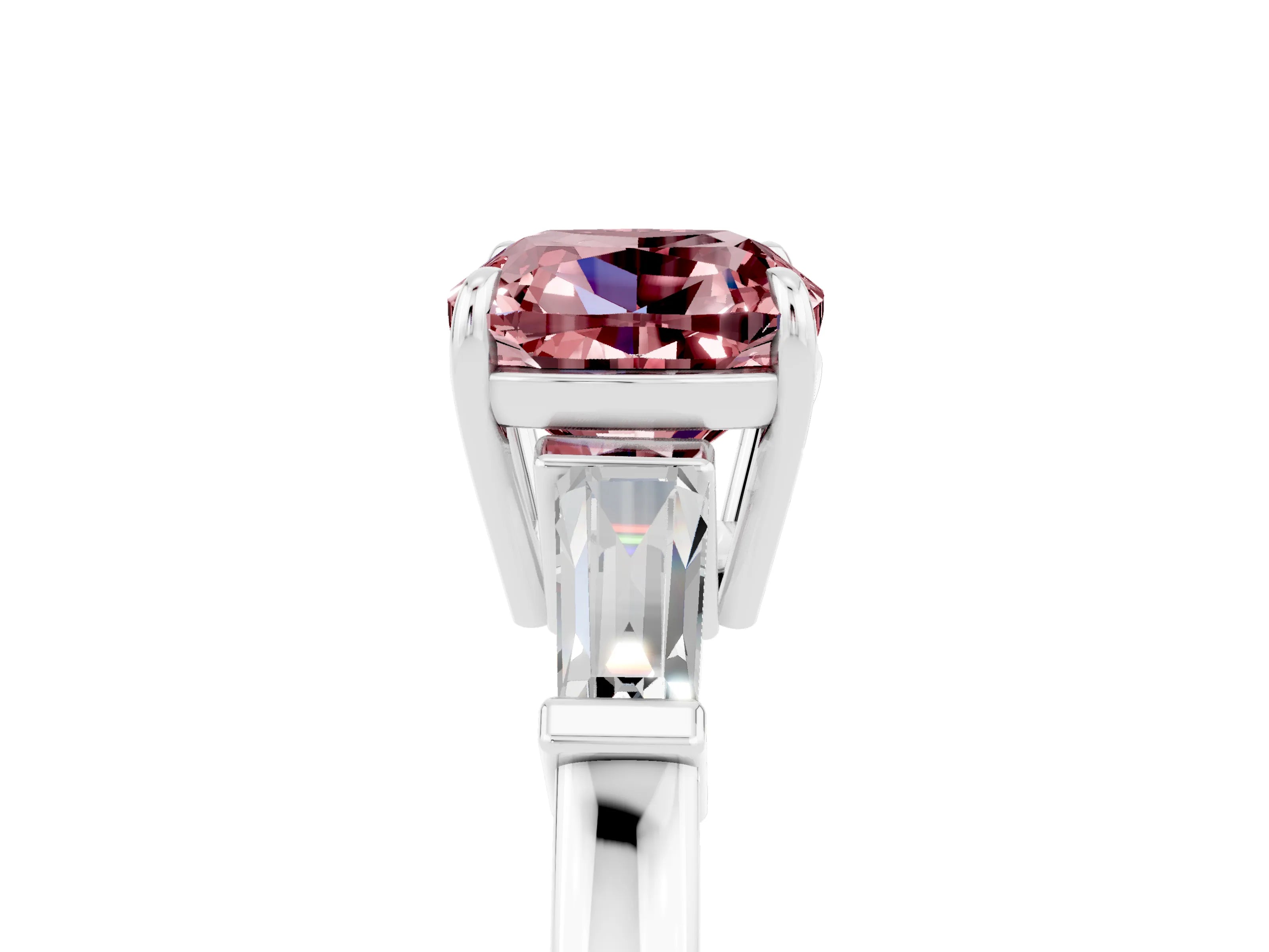 White gold Cushion Cut Cut Diamond Ring with Tapered Baguette Side Stones in Four-Prong Setting_5