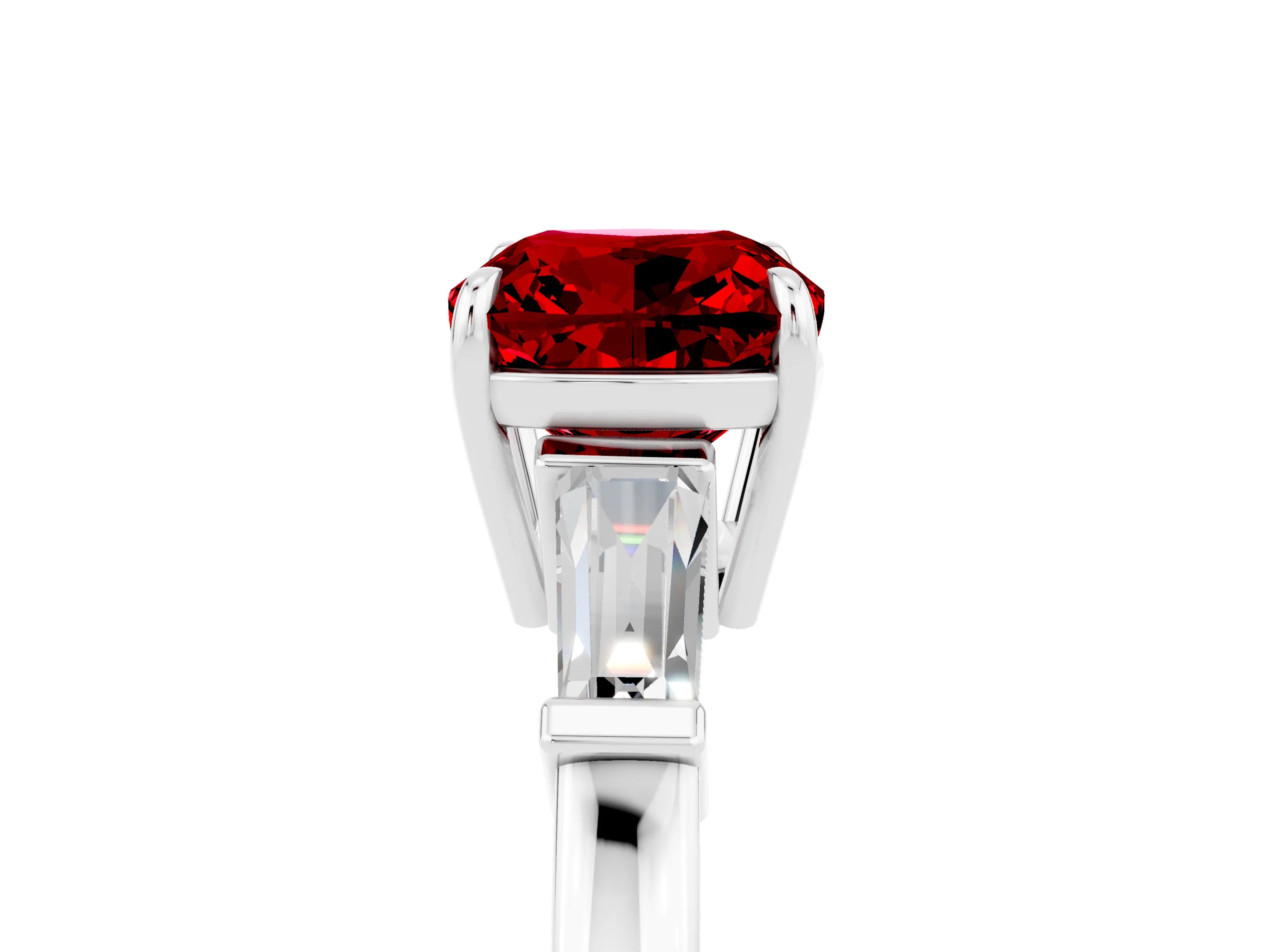White gold Cushion Cut Cut Diamond Ring with Tapered Baguette Side Stones in Four-Prong Setting_5