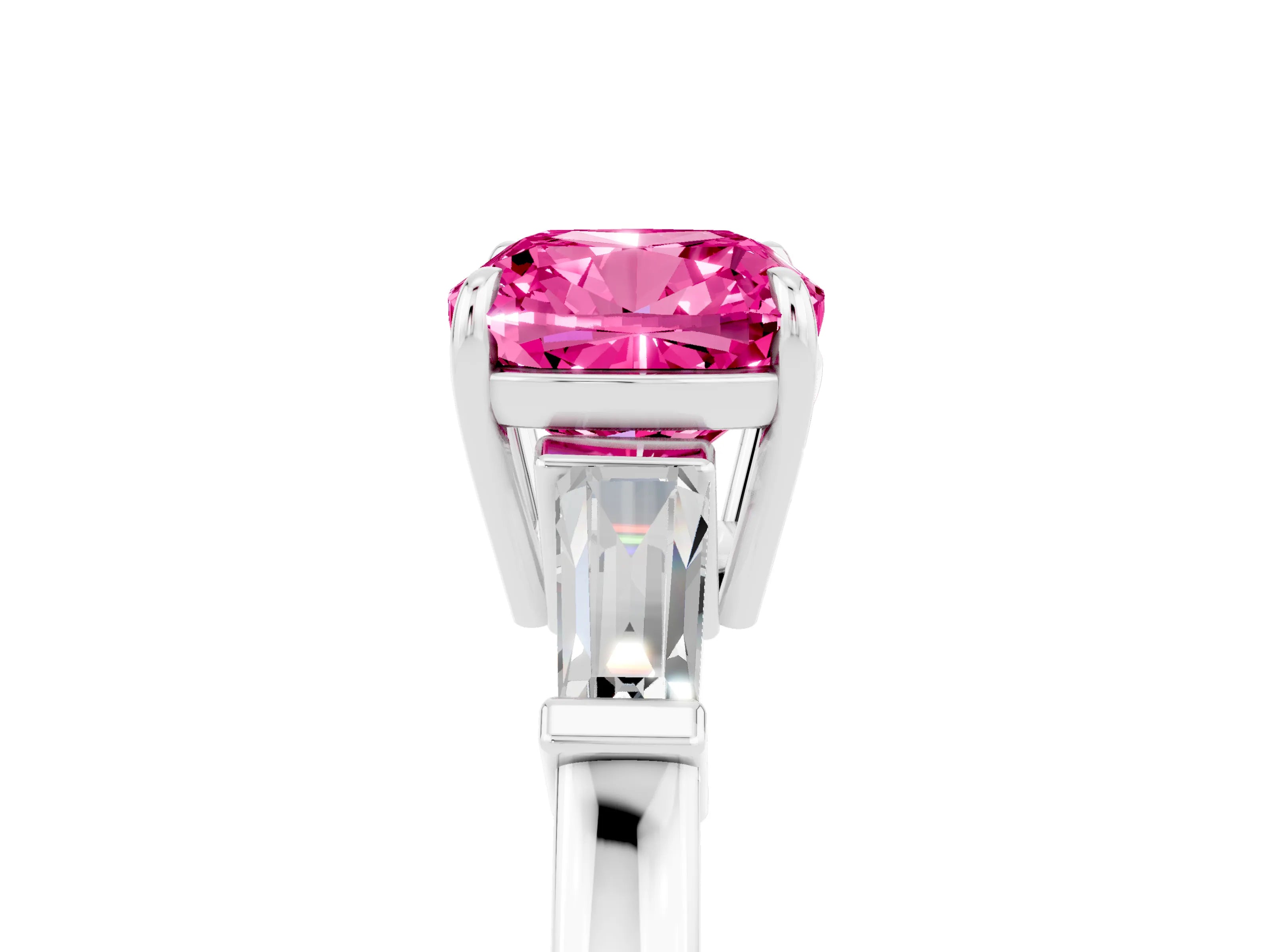 White gold Cushion Cut Cut Diamond Ring with Tapered Baguette Side Stones in Four-Prong Setting_5