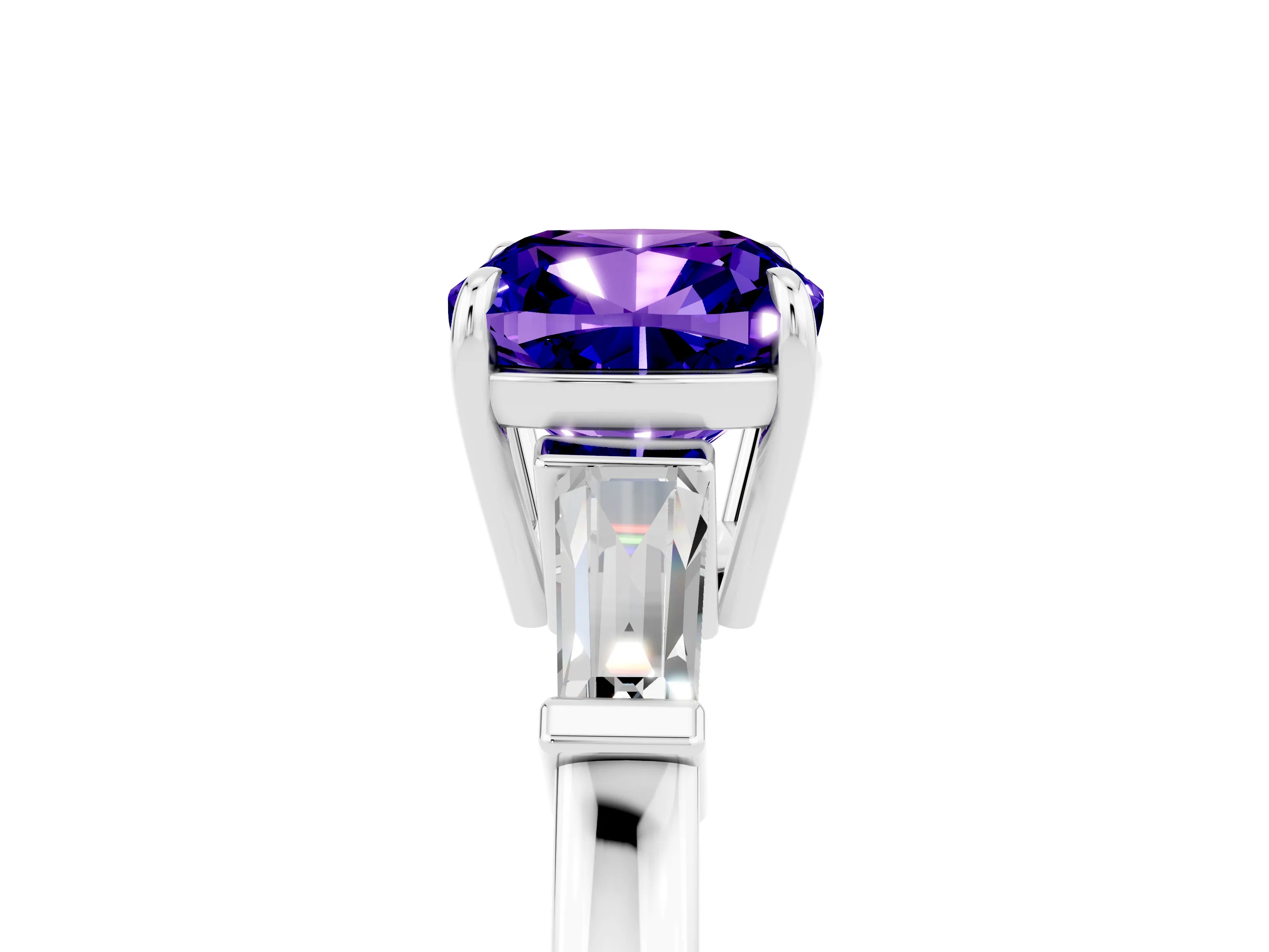 White gold Cushion Cut Cut Diamond Ring with Tapered Baguette Side Stones in Four-Prong Setting_5