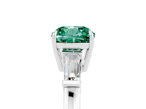White gold Cushion Cut Cut Diamond Ring with Tapered Baguette Side Stones in Four-Prong Setting_5