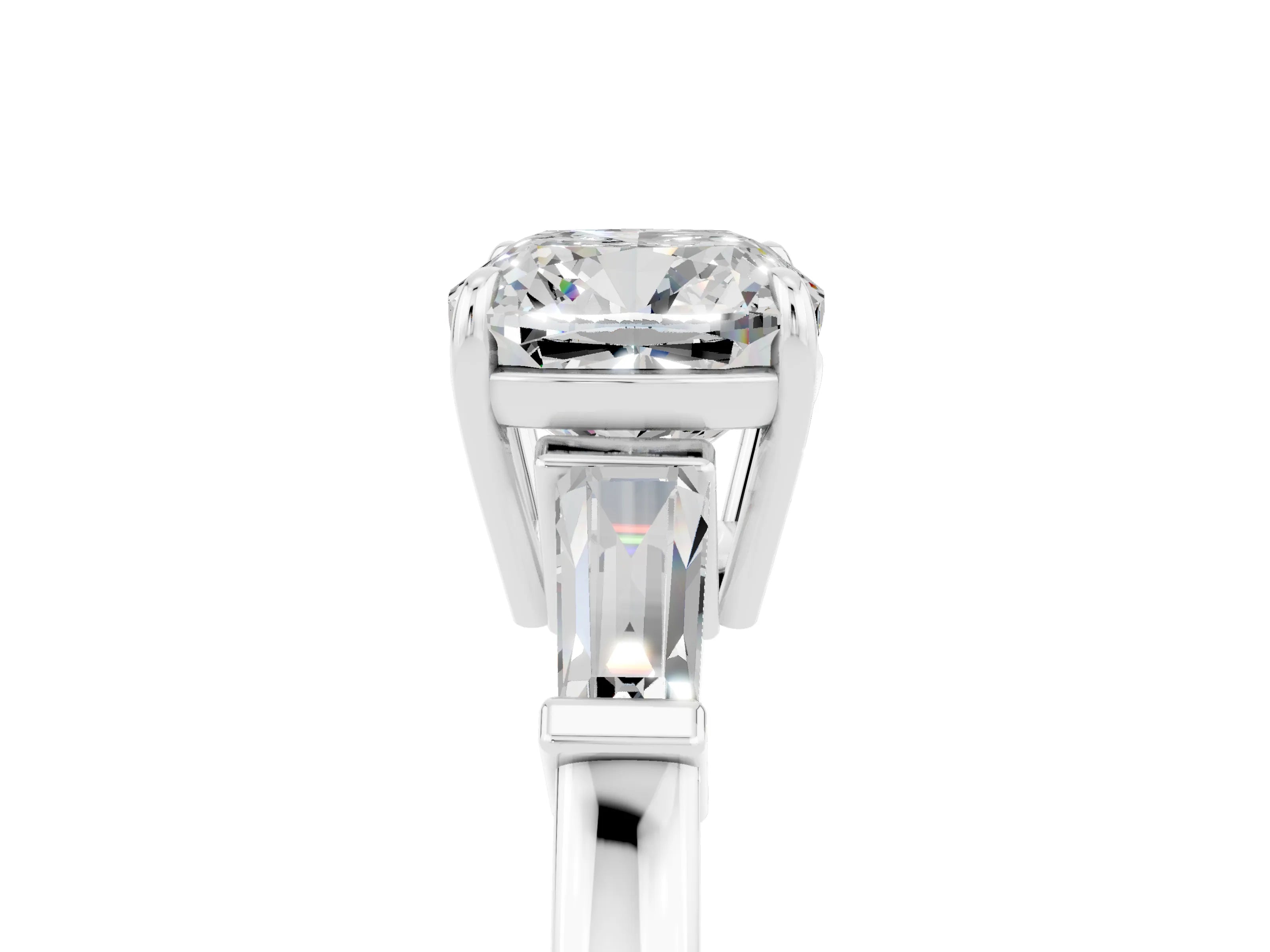 White gold Cushion Cut Cut Diamond Ring with Tapered Baguette Side Stones in Four-Prong Setting_5