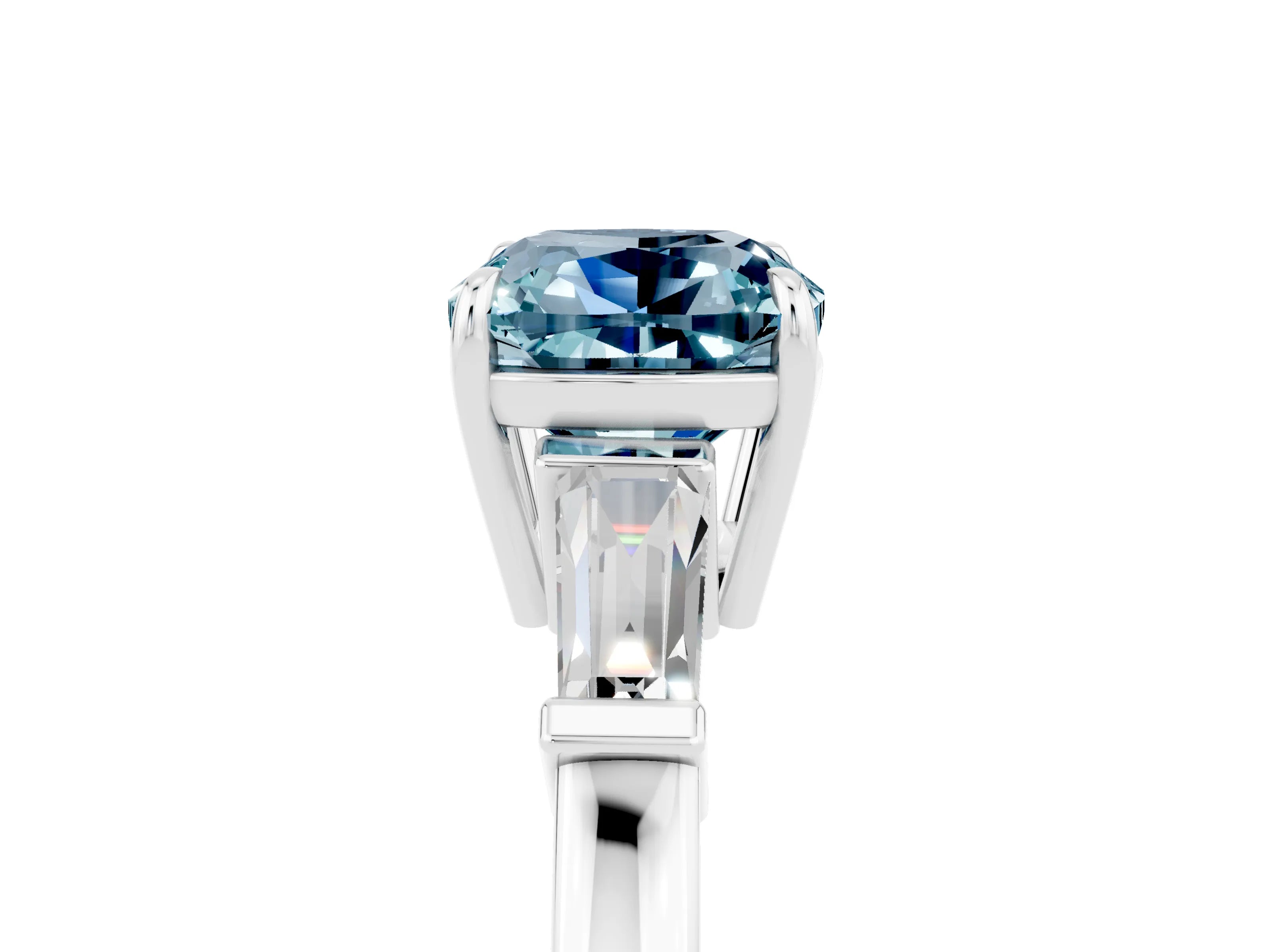 White gold Cushion Cut Cut Diamond Ring with Tapered Baguette Side Stones in Four-Prong Setting_5