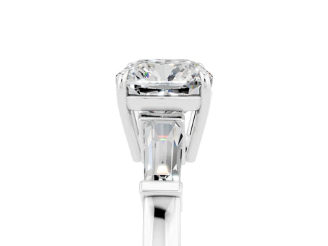White gold Cushion Cut Cut Diamond Ring with Tapered Baguette Side Stones in Four-Prong Setting_5
