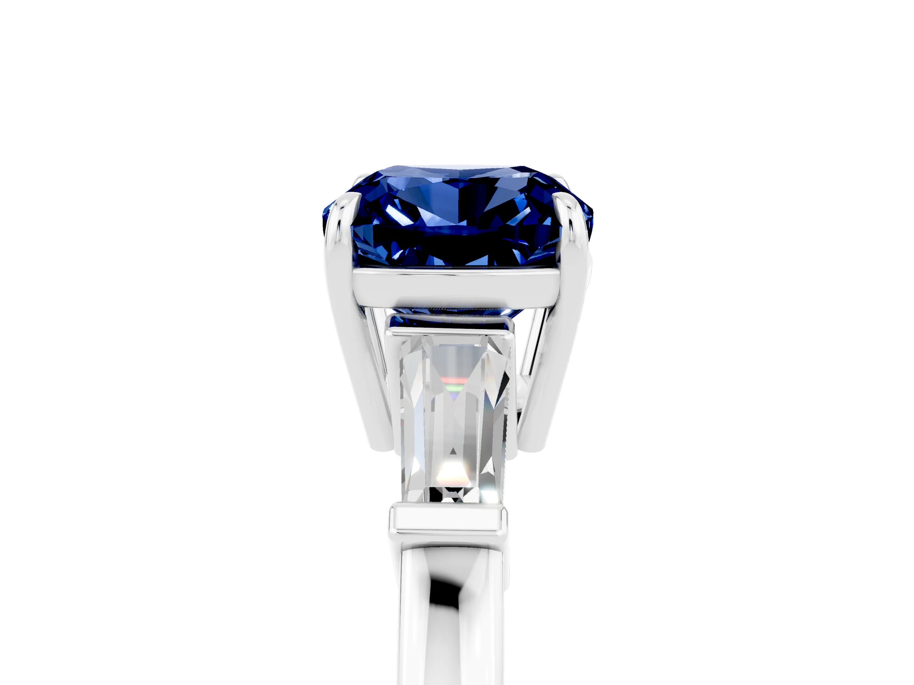 White gold Cushion Cut Cut Diamond Ring with Tapered Baguette Side Stones in Four-Prong Setting_5