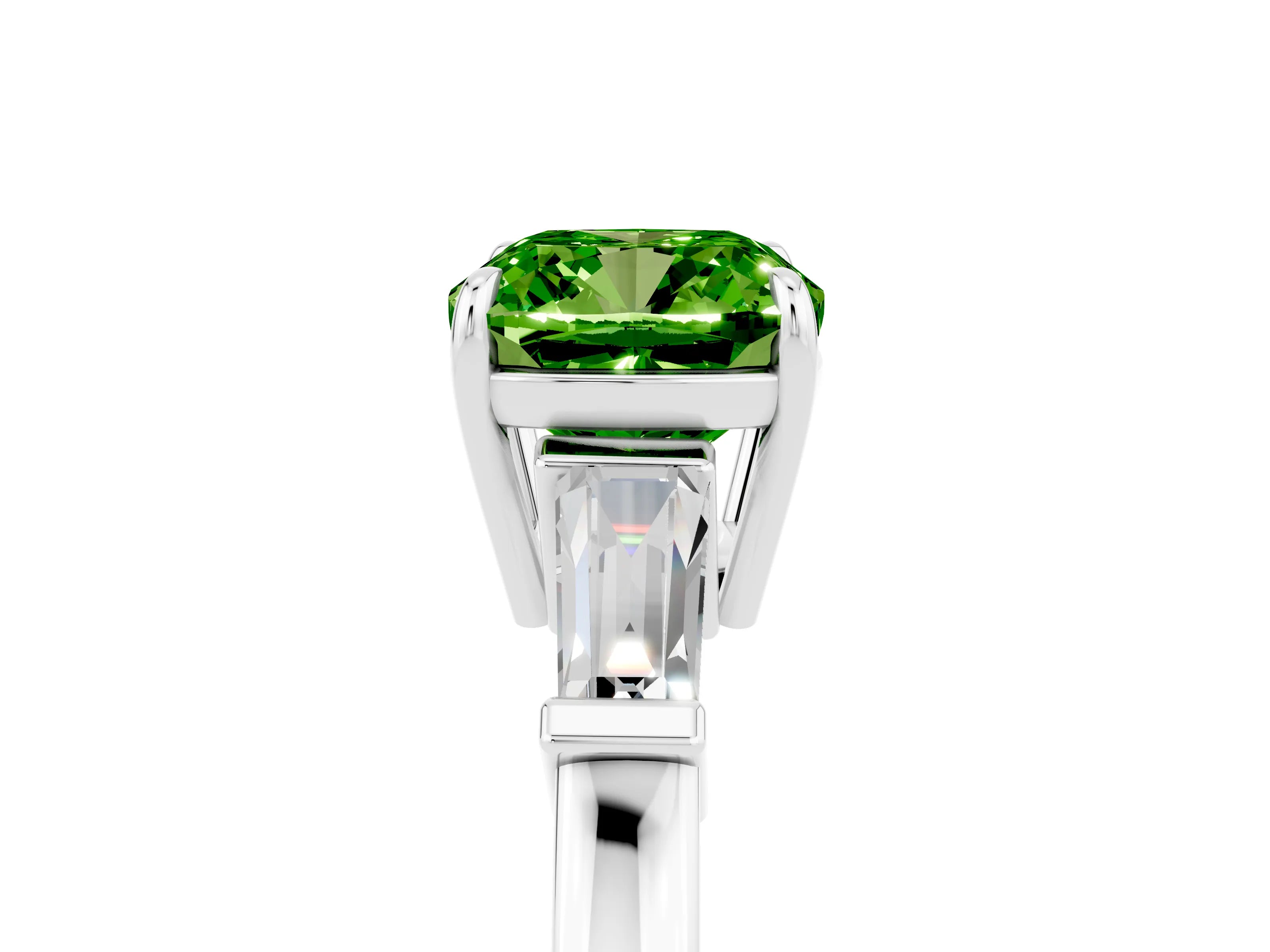 White gold Cushion Cut Cut Diamond Ring with Tapered Baguette Side Stones in Four-Prong Setting_5