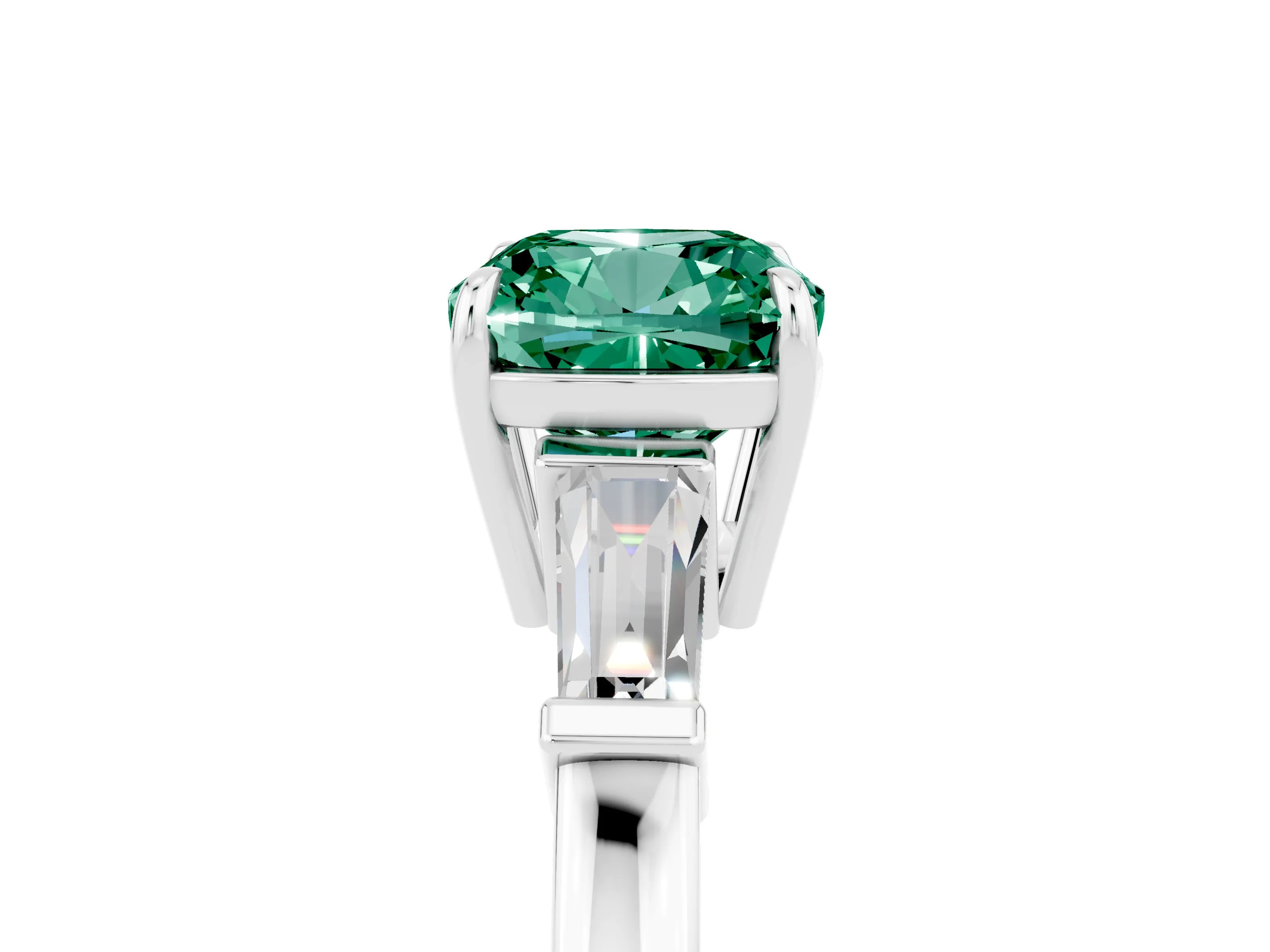 White gold Cushion Cut Cut Diamond Ring with Tapered Baguette Side Stones in Four-Prong Setting_5