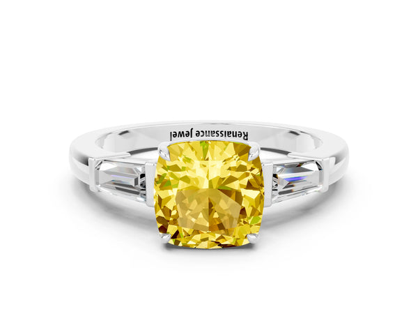 Platinum Cushion Cut Yellow Sapphire Three-Stone Ring with Tapered Baguette Side Stones and Prong Setting