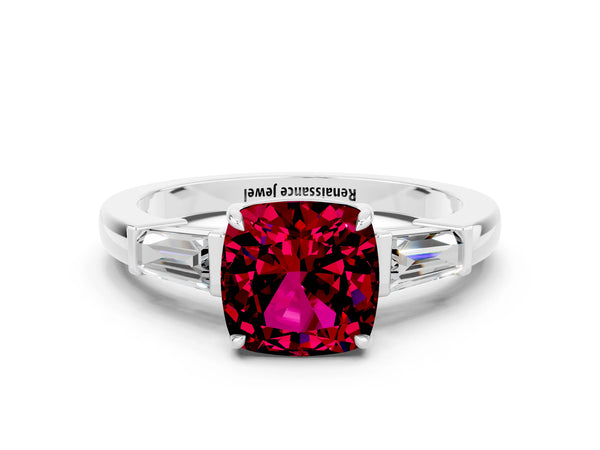 Platinum Cushion Cut Garnet Three-Stone Ring with Tapered Baguette Side Stones and Prong Setting