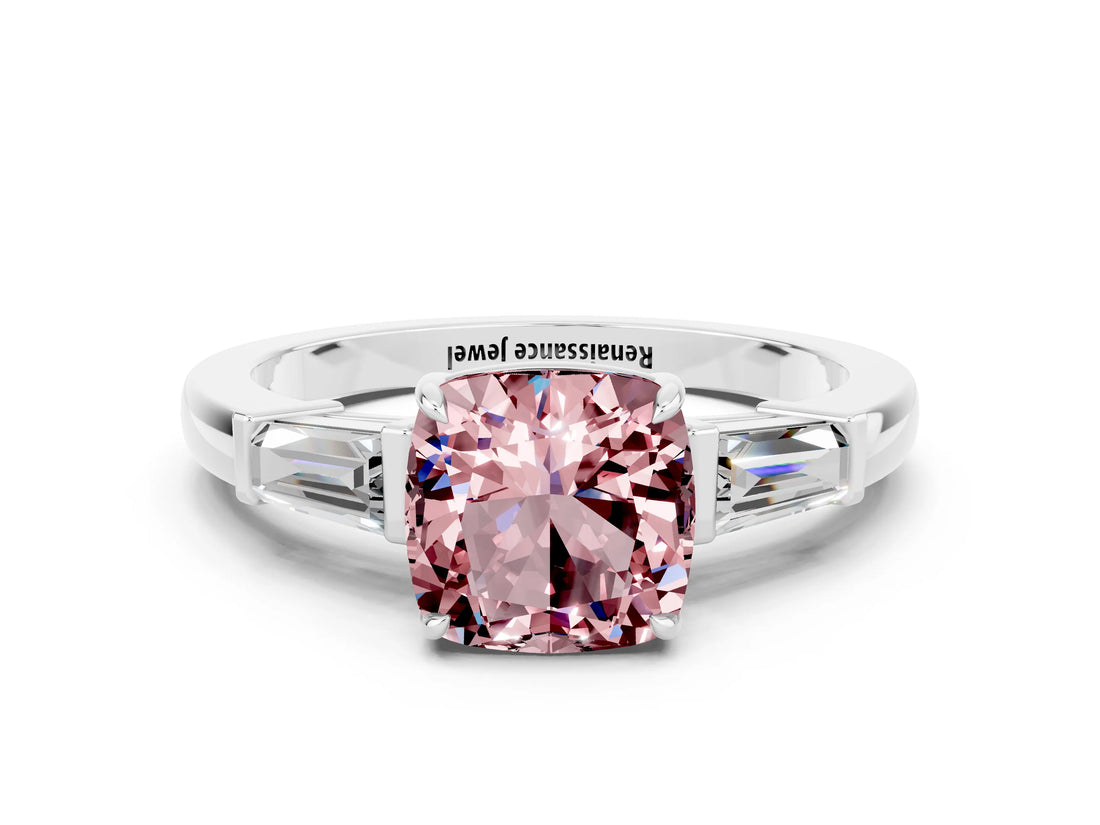 White gold Cushion Cut Cut Diamond Ring with Tapered Baguette Side Stones in Four-Prong Setting