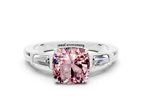 White gold Cushion Cut Cut Diamond Ring with Tapered Baguette Side Stones in Four-Prong Setting