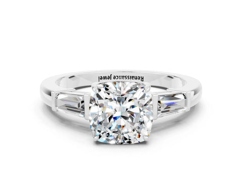White gold Cushion Cut Cut Diamond Ring with Tapered Baguette Side Stones in Four-Prong Setting