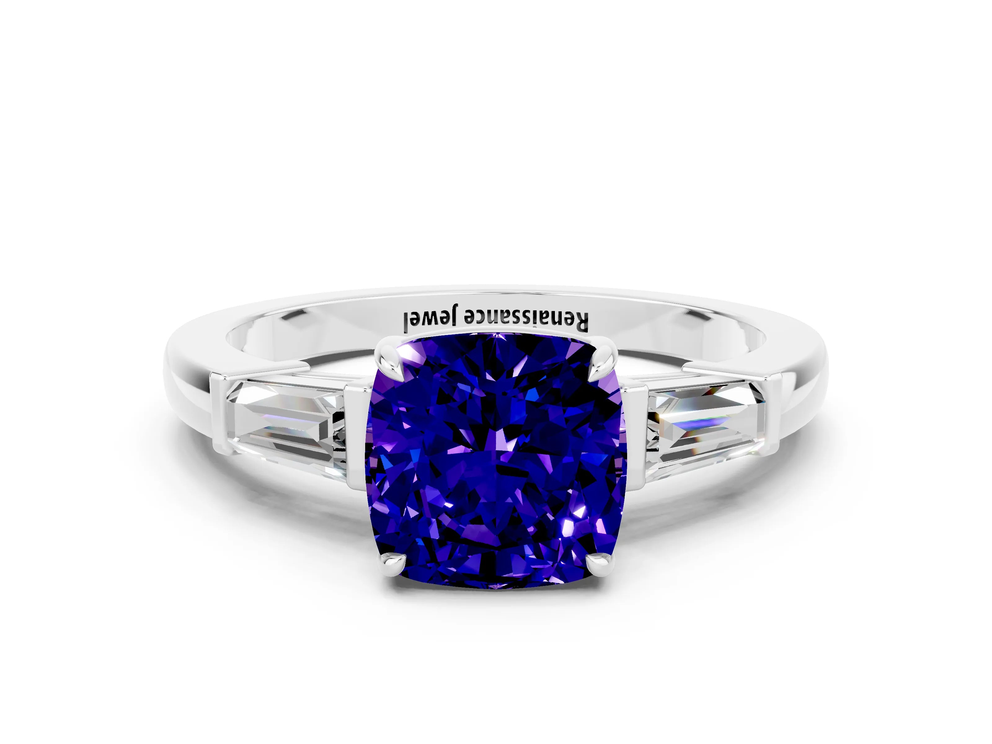 White gold Cushion Cut Cut Diamond Ring with Tapered Baguette Side Stones in Four-Prong Setting