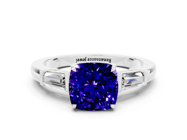 Silver Cushion Cut Tanzanite Three-Stone Ring with Tapered Baguette Side Stones and Prong Setting