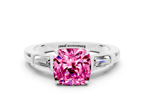White gold Cushion Cut Cut Diamond Ring with Tapered Baguette Side Stones in Four-Prong Setting