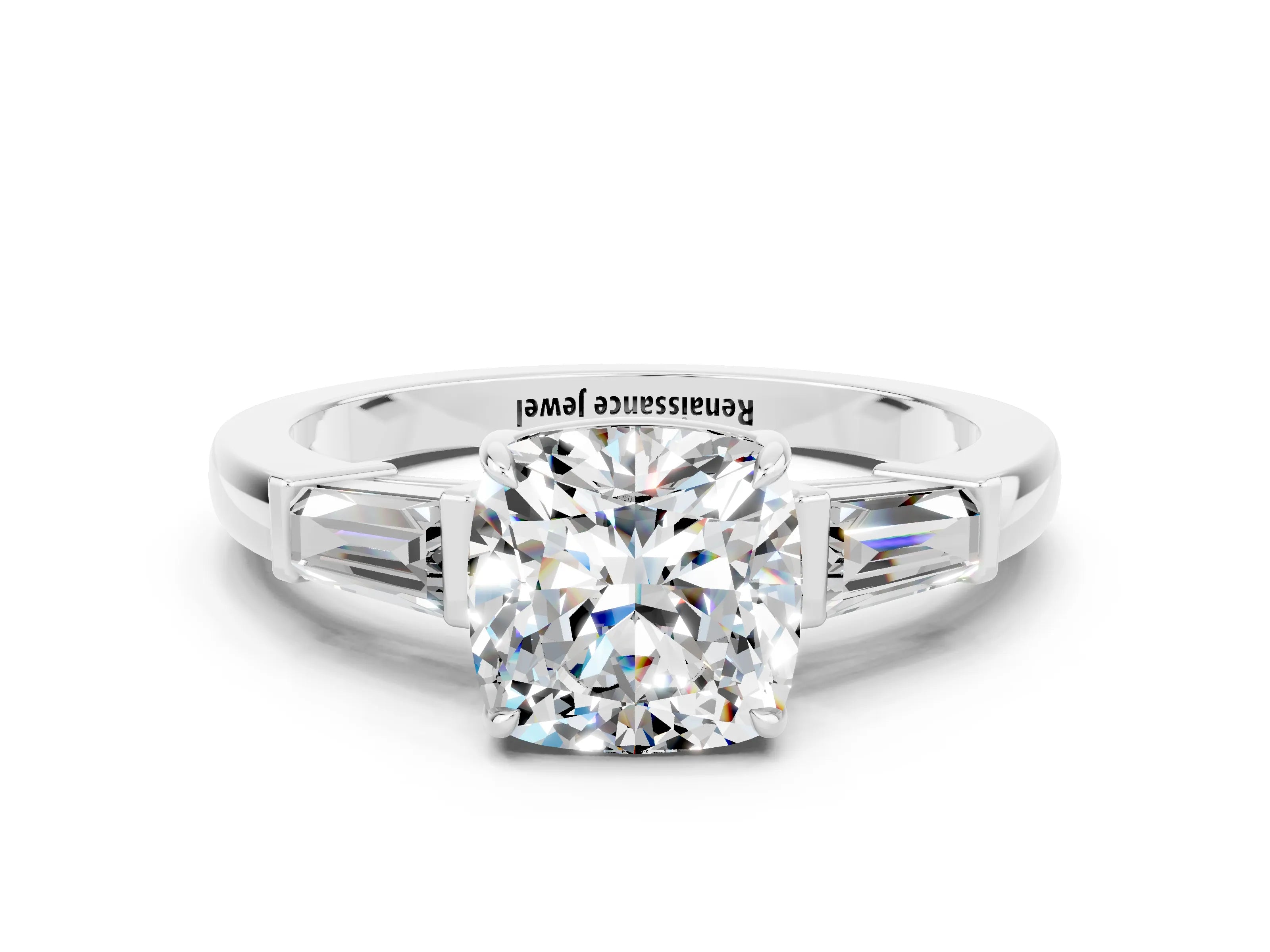 White gold Cushion Cut Cut Diamond Ring with Tapered Baguette Side Stones in Four-Prong Setting