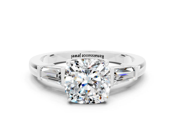 Platinum Cushion Cut Moissanite Three-Stone Ring with Tapered Baguette Side Stones and Prong Setting