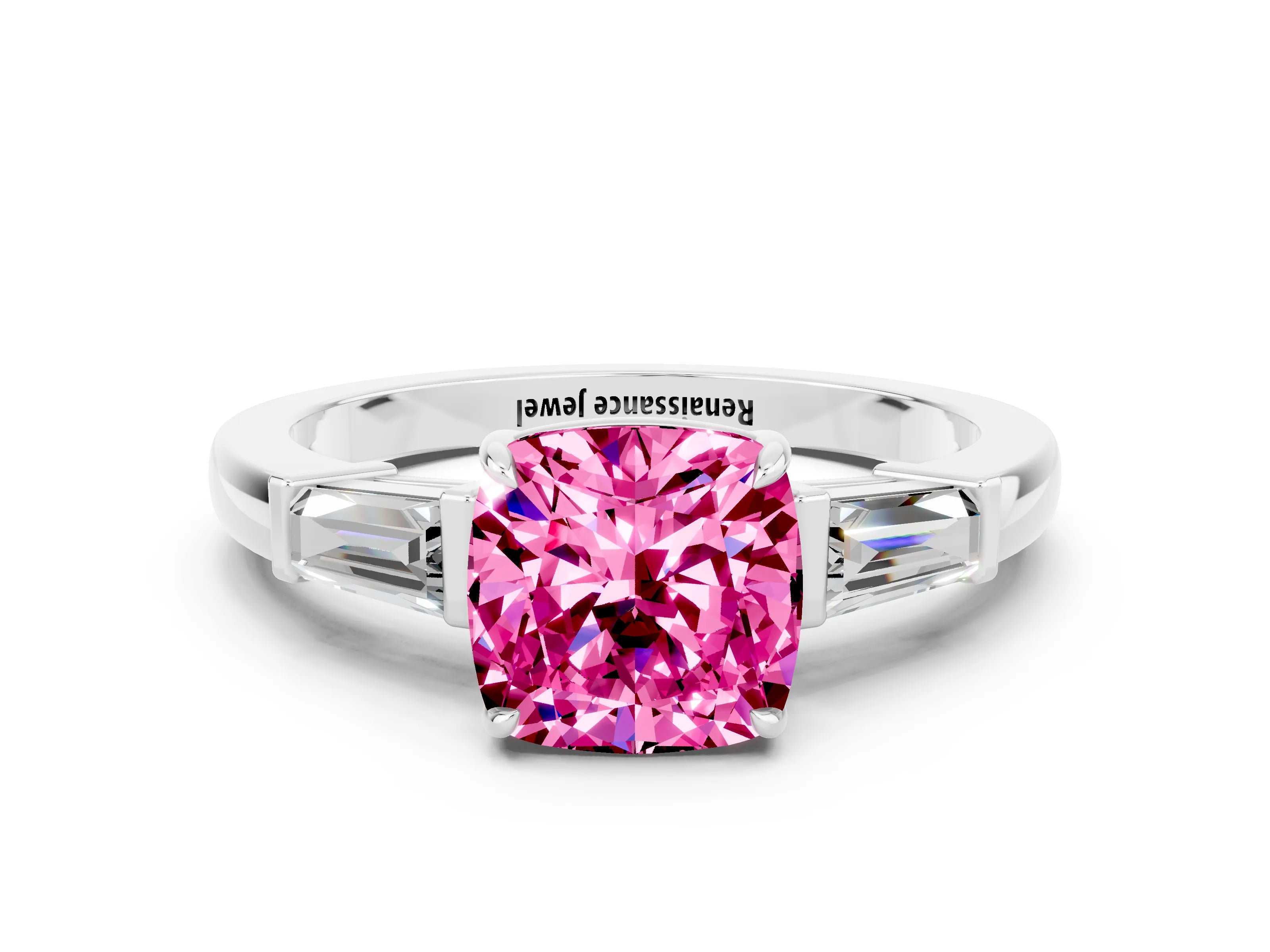 White gold Cushion Cut Cut Diamond Ring with Tapered Baguette Side Stones in Four-Prong Setting