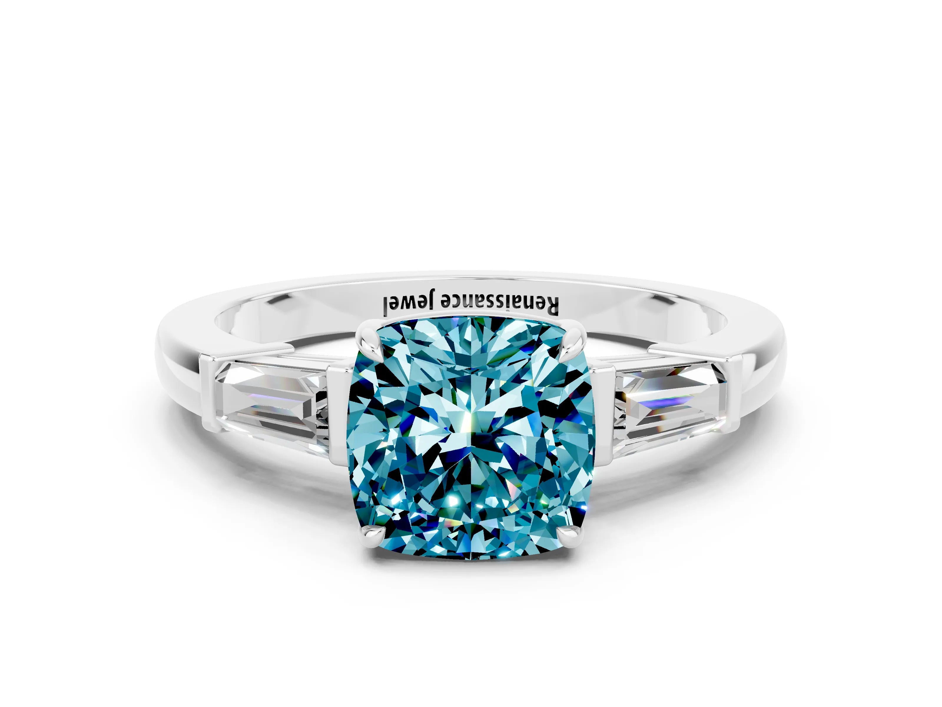 White gold Cushion Cut Cut Diamond Ring with Tapered Baguette Side Stones in Four-Prong Setting