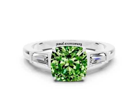 White gold Cushion Cut Cut Diamond Ring with Tapered Baguette Side Stones in Four-Prong Setting