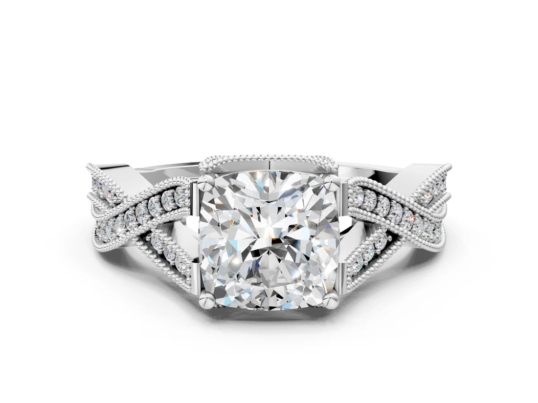 White gold Cushion Cut Cut Diamond Twisted Band with Milgrain Pave Setting and Four-Prong Setting_18
